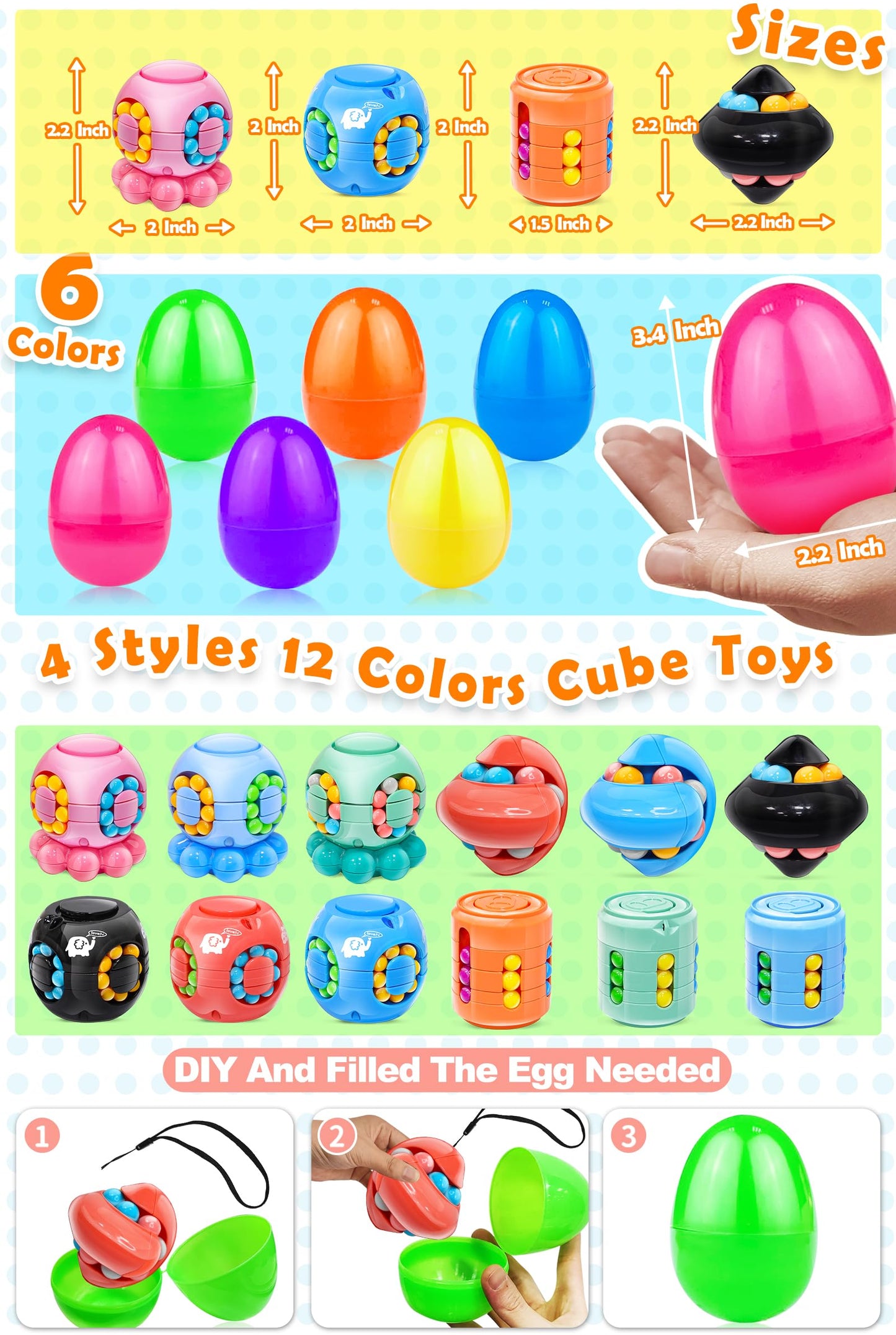 AMENON 12-Pack 3.4-Inch Jumbo Filled Easter Eggs with Toys – 4 Styles Fidget Spinners for Easter Fun