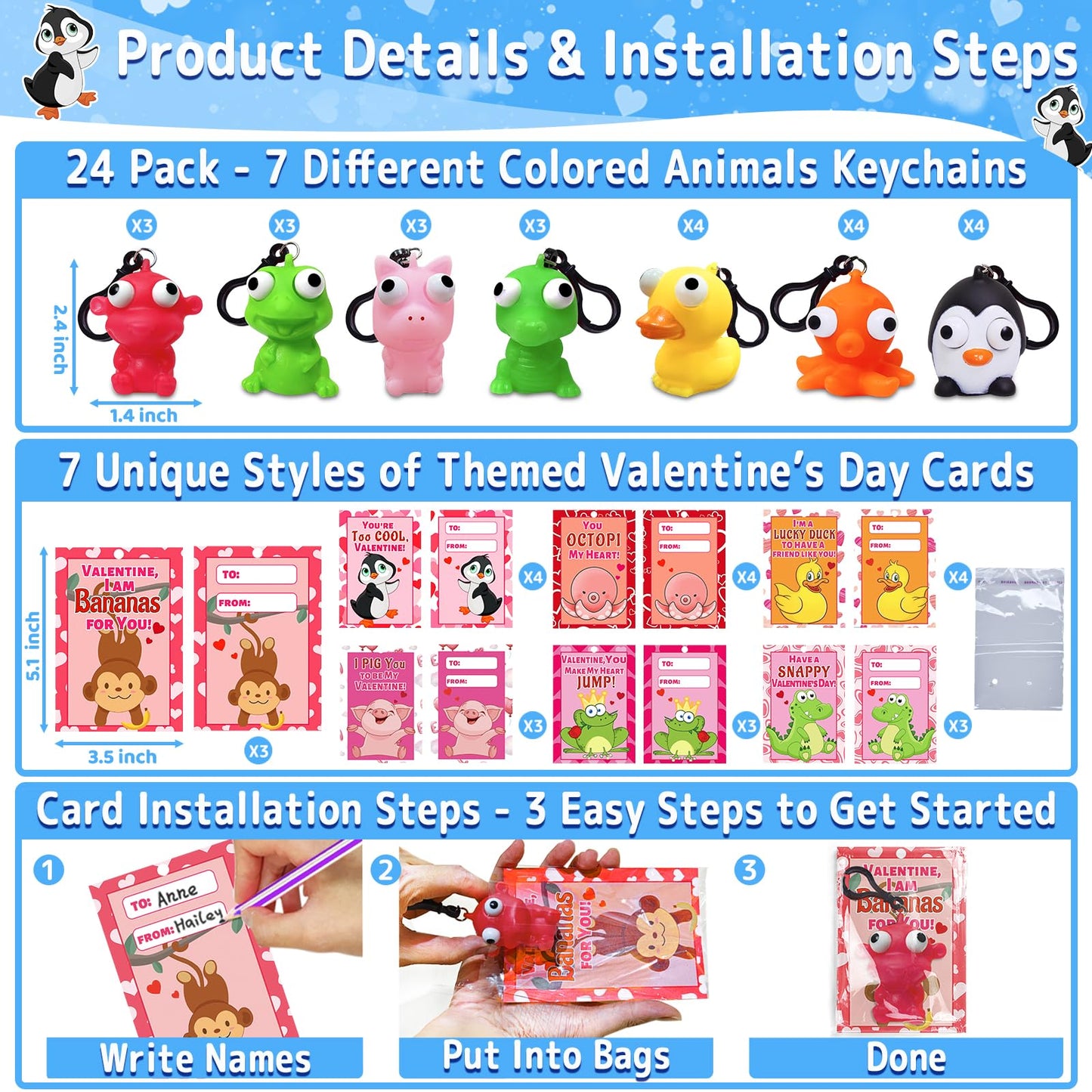 AMENON Valentines Day Kids Gift Set: 24 Cards with Squeeze Animals & Popping-Eye Keychains