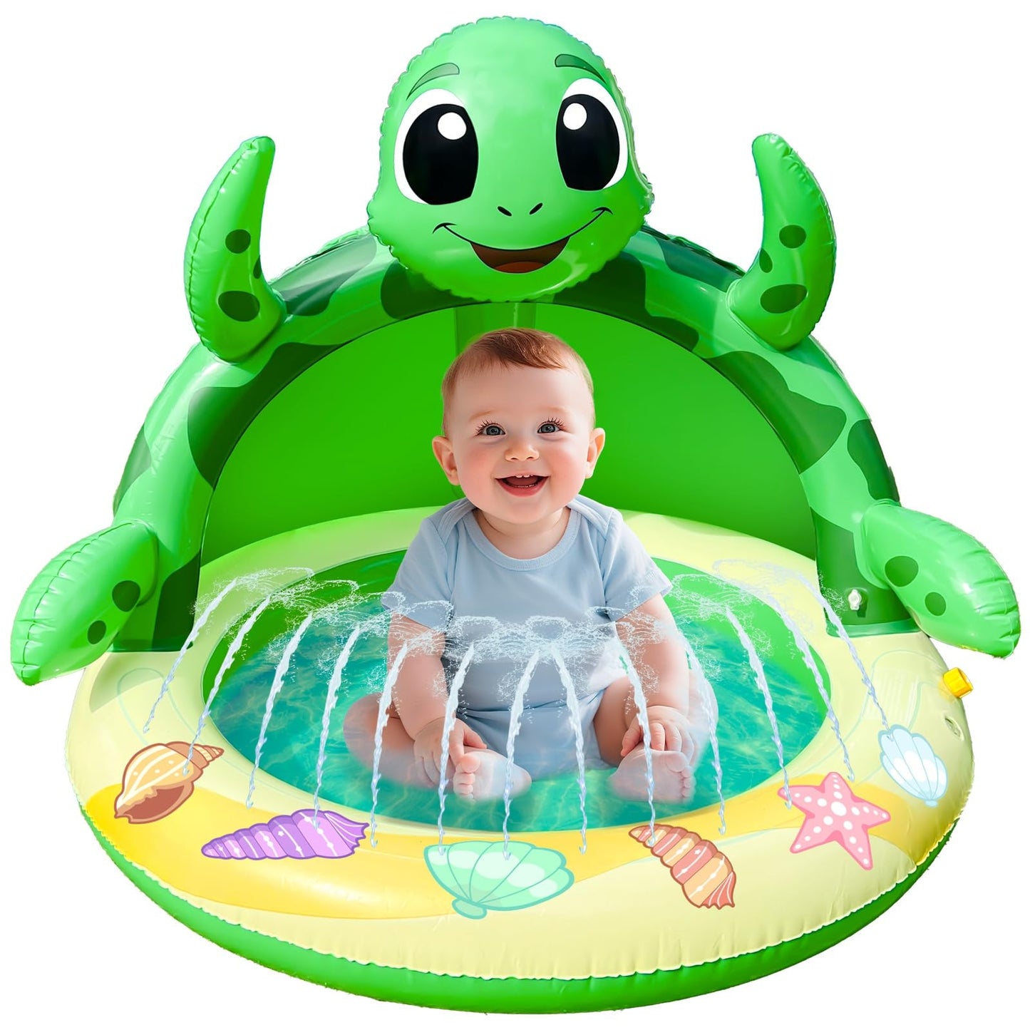 AMENON Turtle Baby Pool Sprinkler with Canopy – 41x35in Water Play Mat