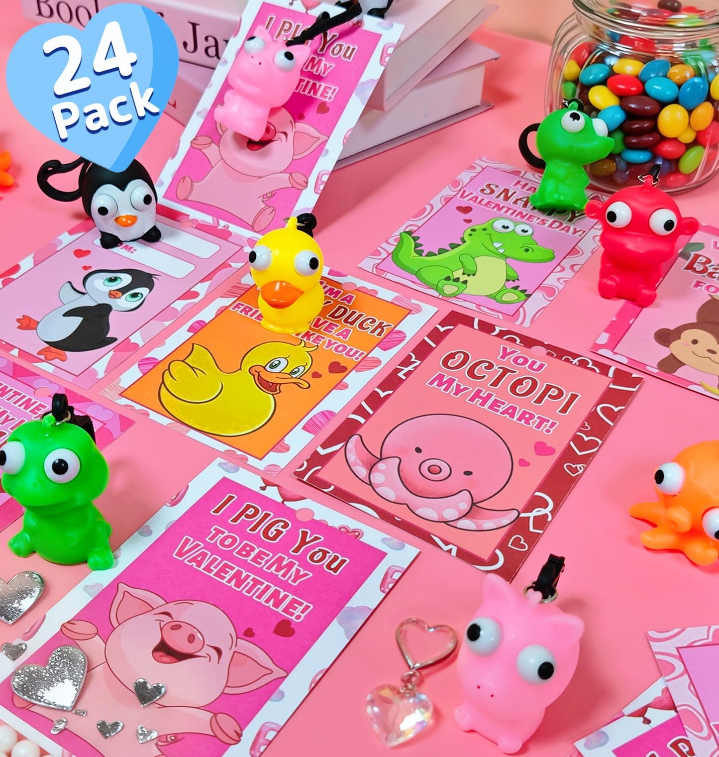 AMENON Valentines Day Kids Gift Set: 24 Cards with Squeeze Animals & Popping-Eye Keychains
