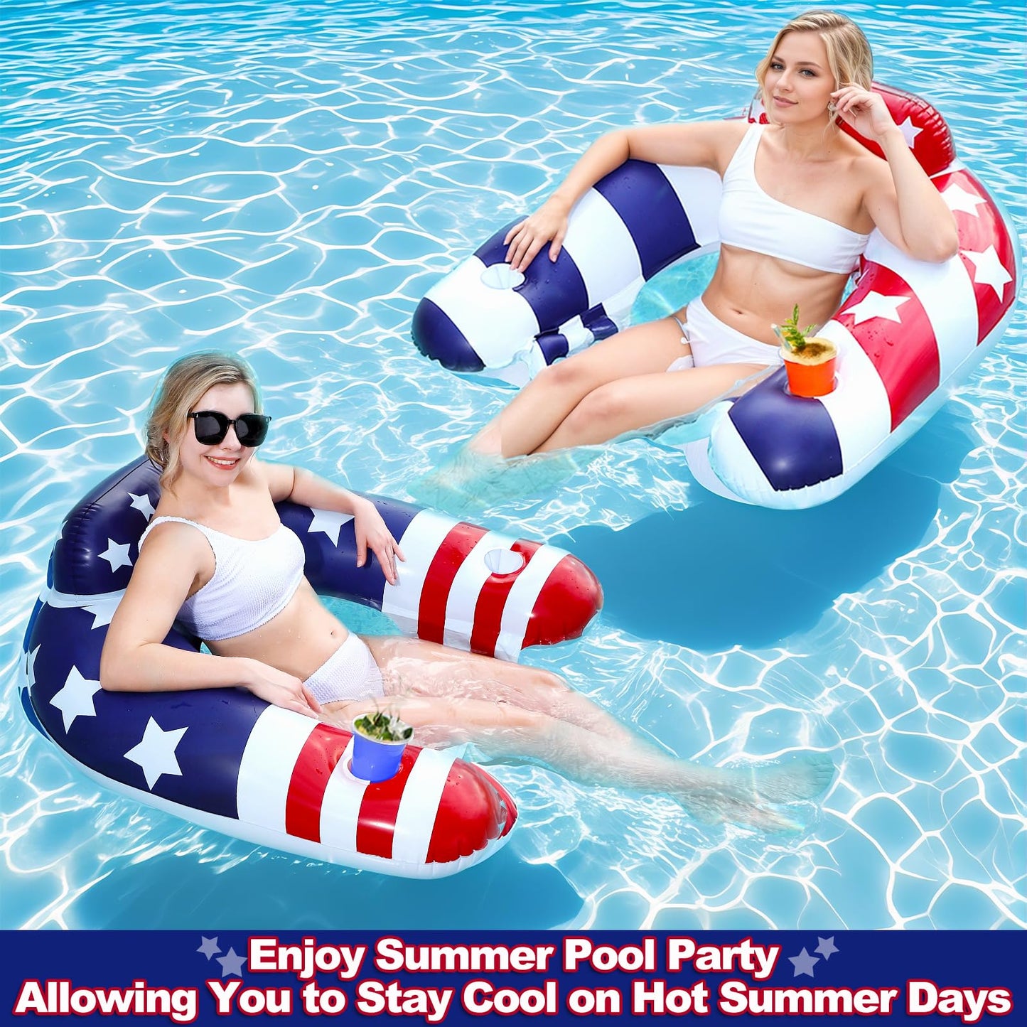 AMENON 2 Pack Inflatable Pool Floats Chair – American Flag Lounge with Cup Holders | Summer Beach