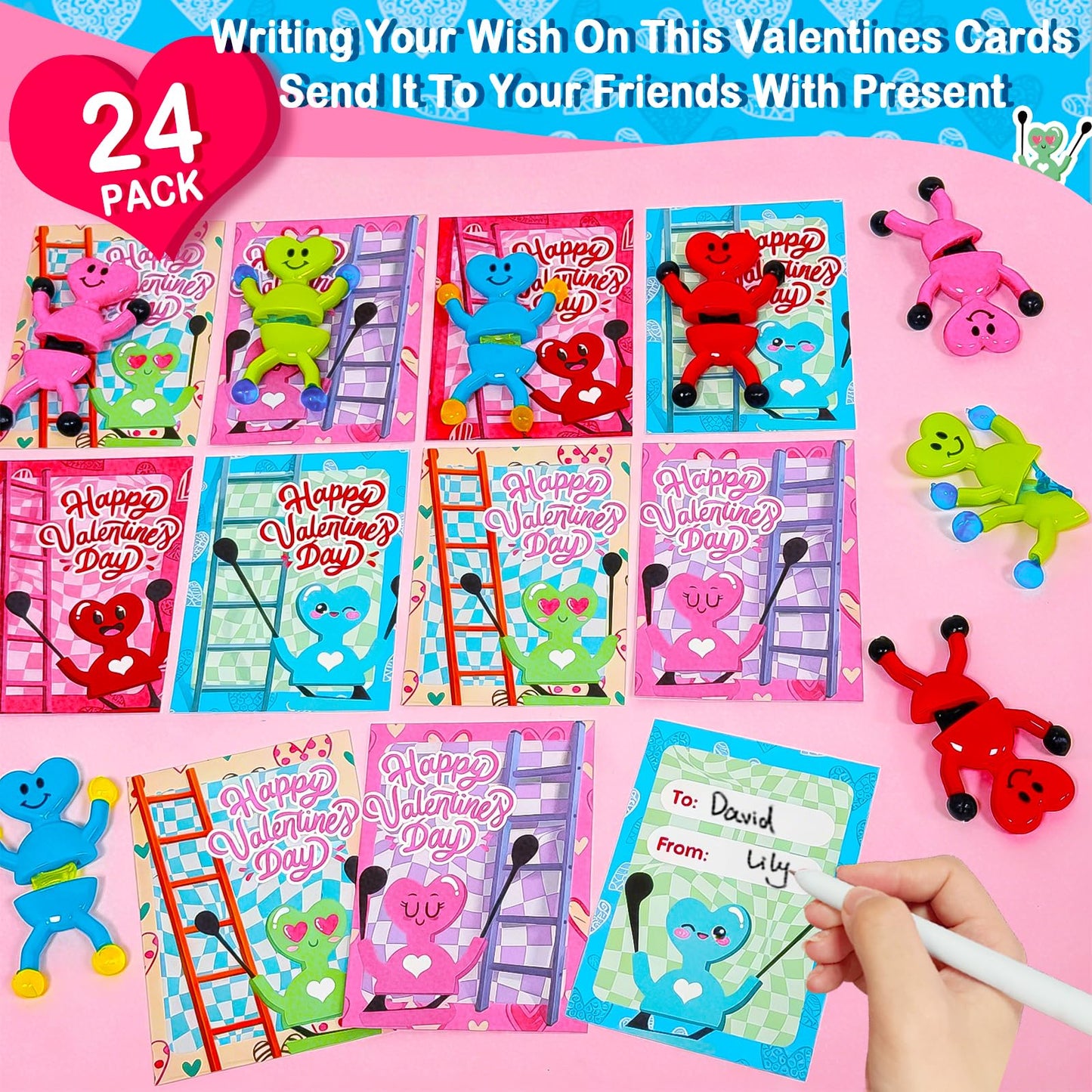 AMENON 24-Pack Valentines Heart Sticky Toys with Cards | Classroom Party Favors