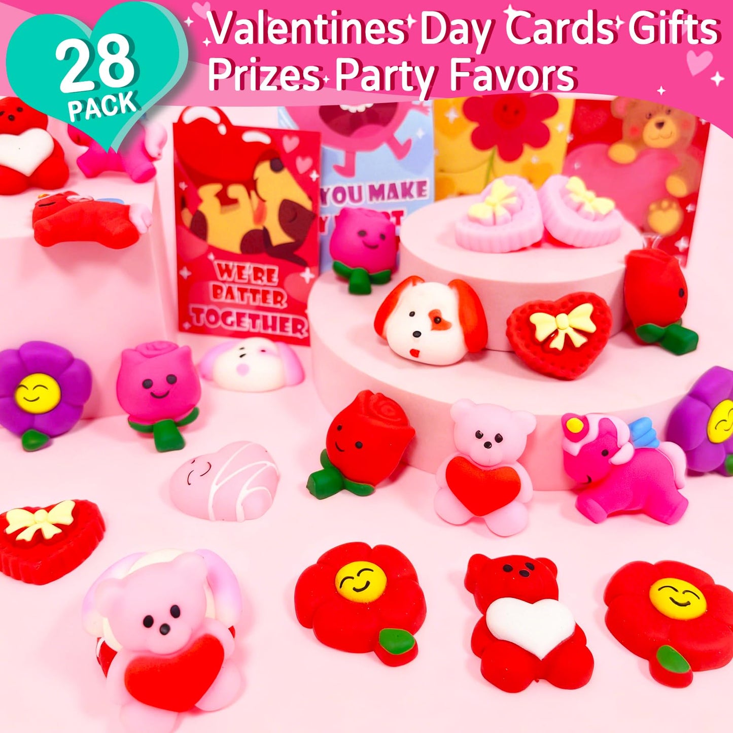 AMENON 28 Pack Valentines Day Gifts for Kids – Mochi Squishy Toys with Cards | Classroom Party Favors