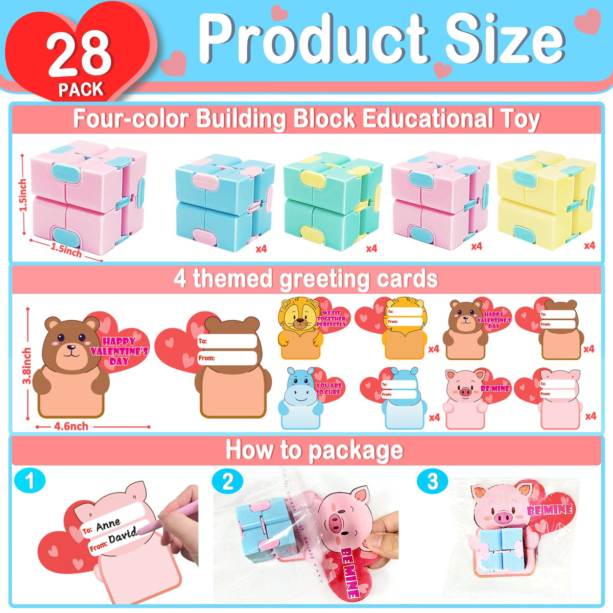 AMENON 28-Pack Valentine’s Day Infinity Cube Fidget Toys with Cards & Gift Bags