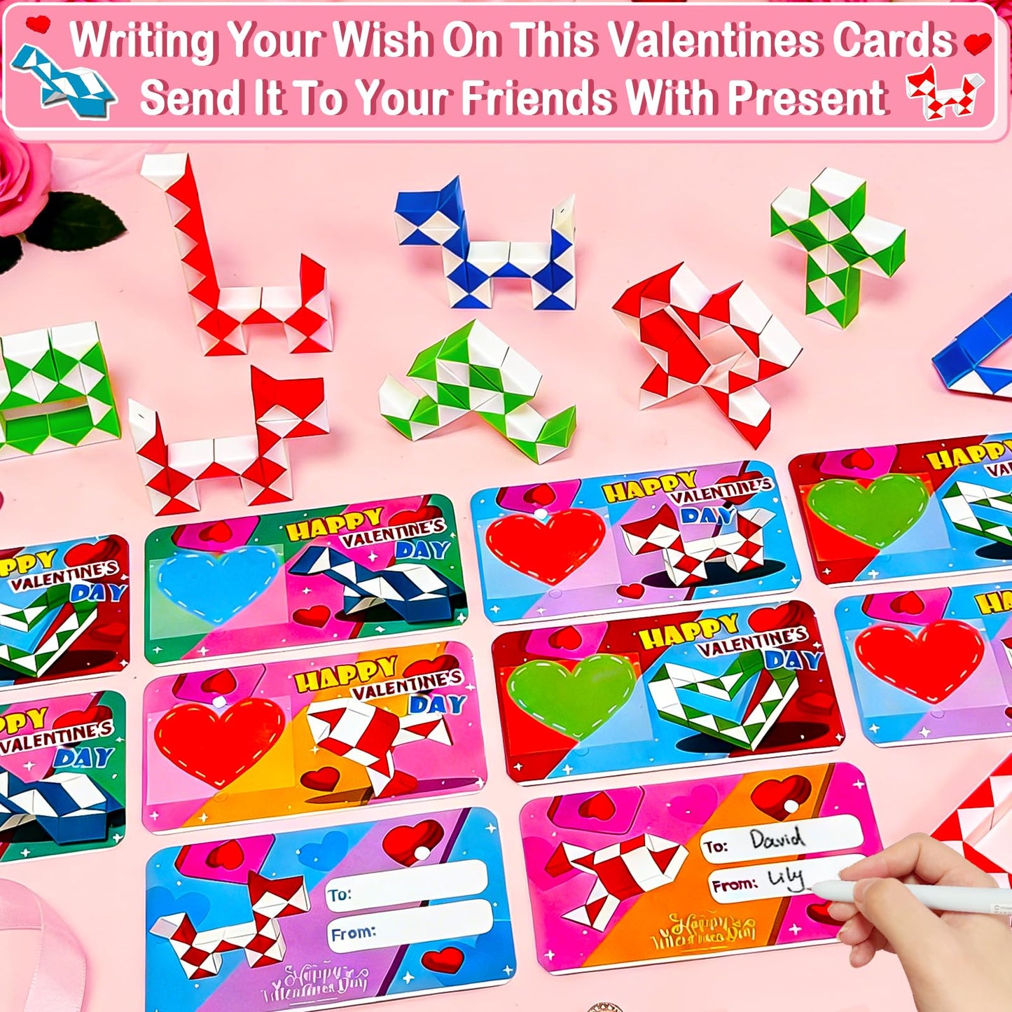 AMENON 28 Pack Valentines Day Gifts for Kids – Snake Cube Twist Puzzles, Cards & Gift Bags for Classrooms