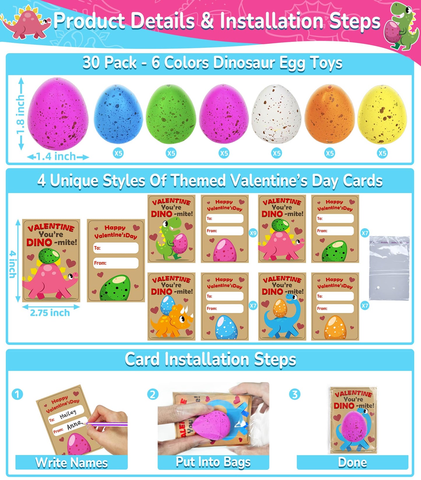 AMENON 30-Pack Dinosaur Egg Hatching Valentines Cards – Classroom Gifts & Party Favors for Kids