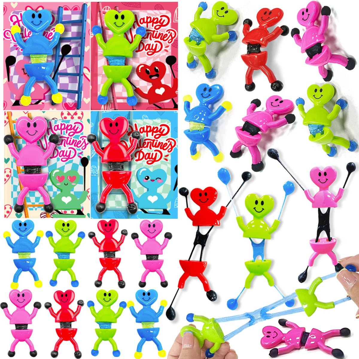 AMENON 24-Pack Valentines Heart Sticky Toys with Cards | Classroom Party Favors