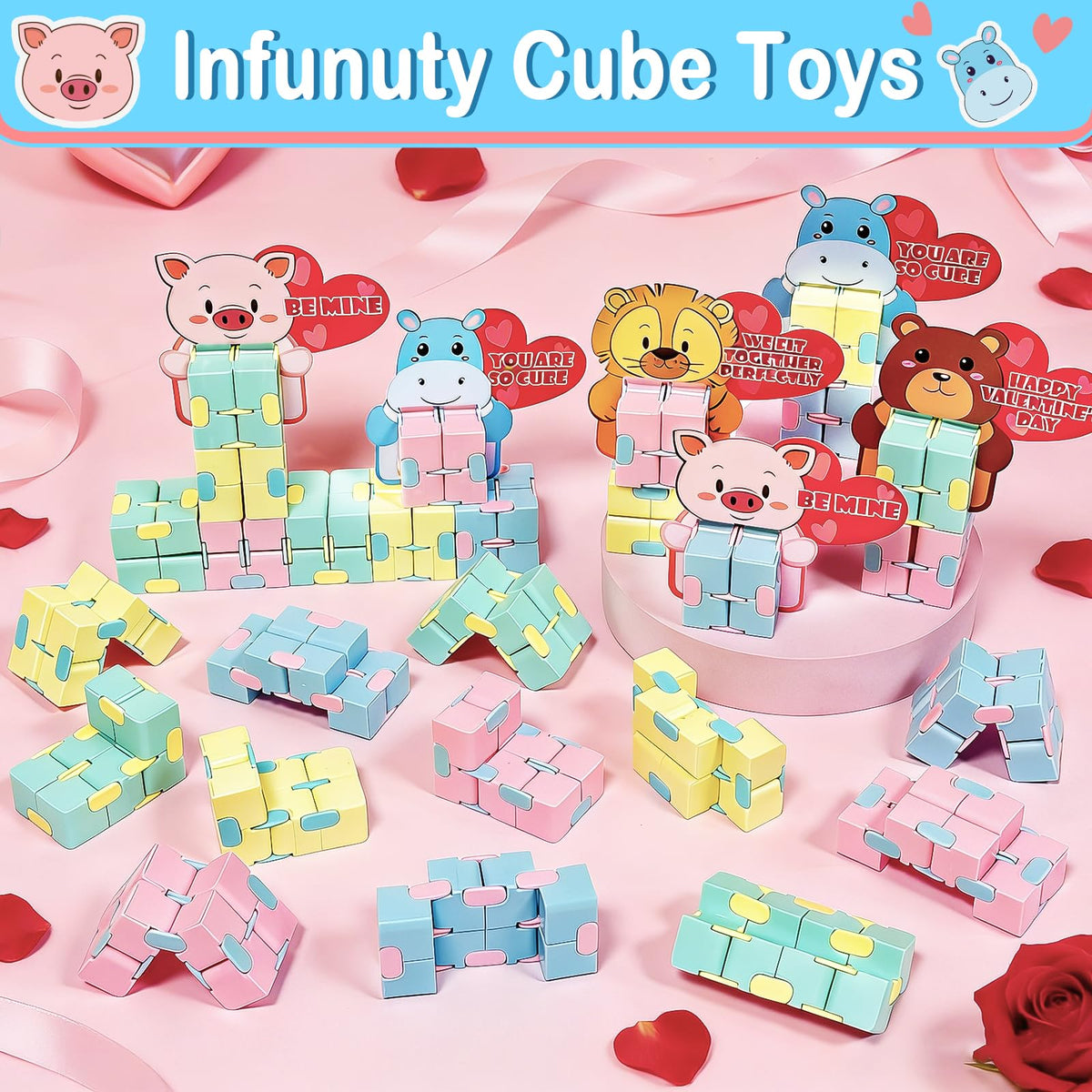 AMENON 28-Pack Valentine’s Day Infinity Cube Fidget Toys with Cards & Gift Bags