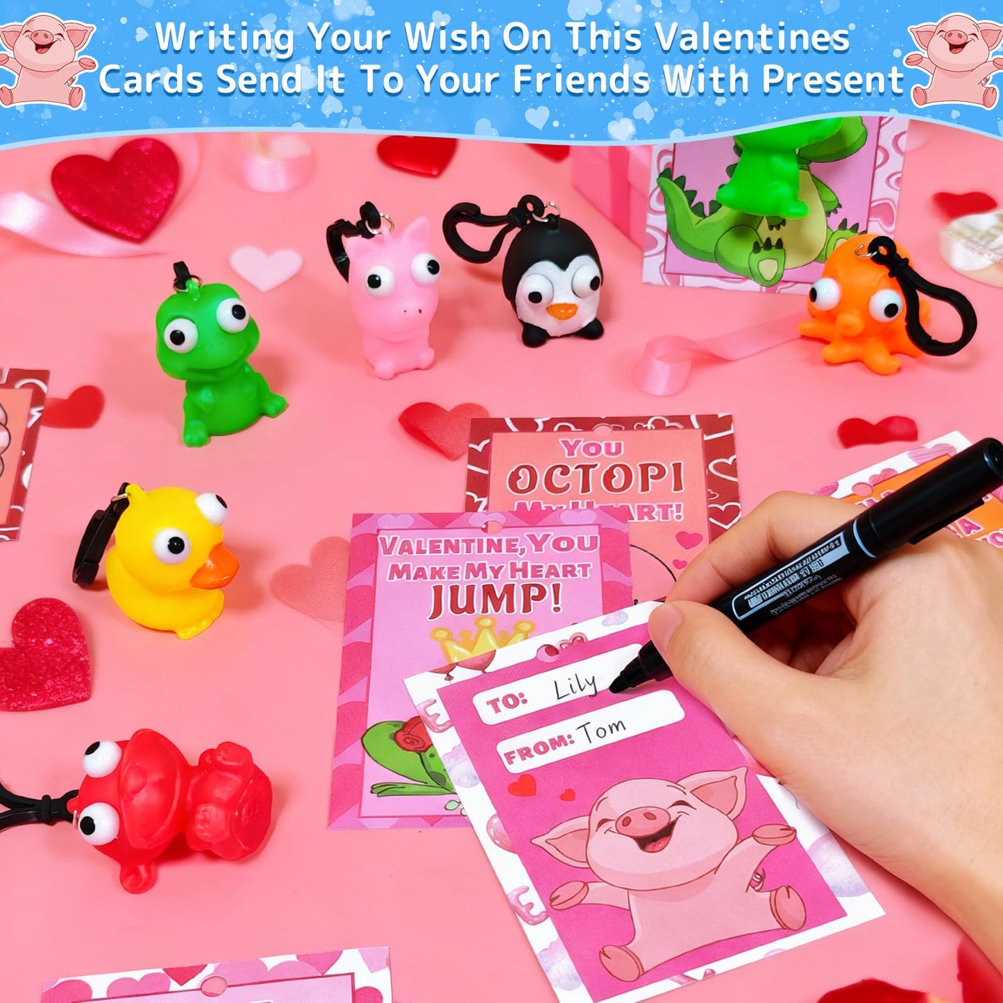 AMENON Valentines Day Kids Gift Set: 24 Cards with Squeeze Animals & Popping-Eye Keychains