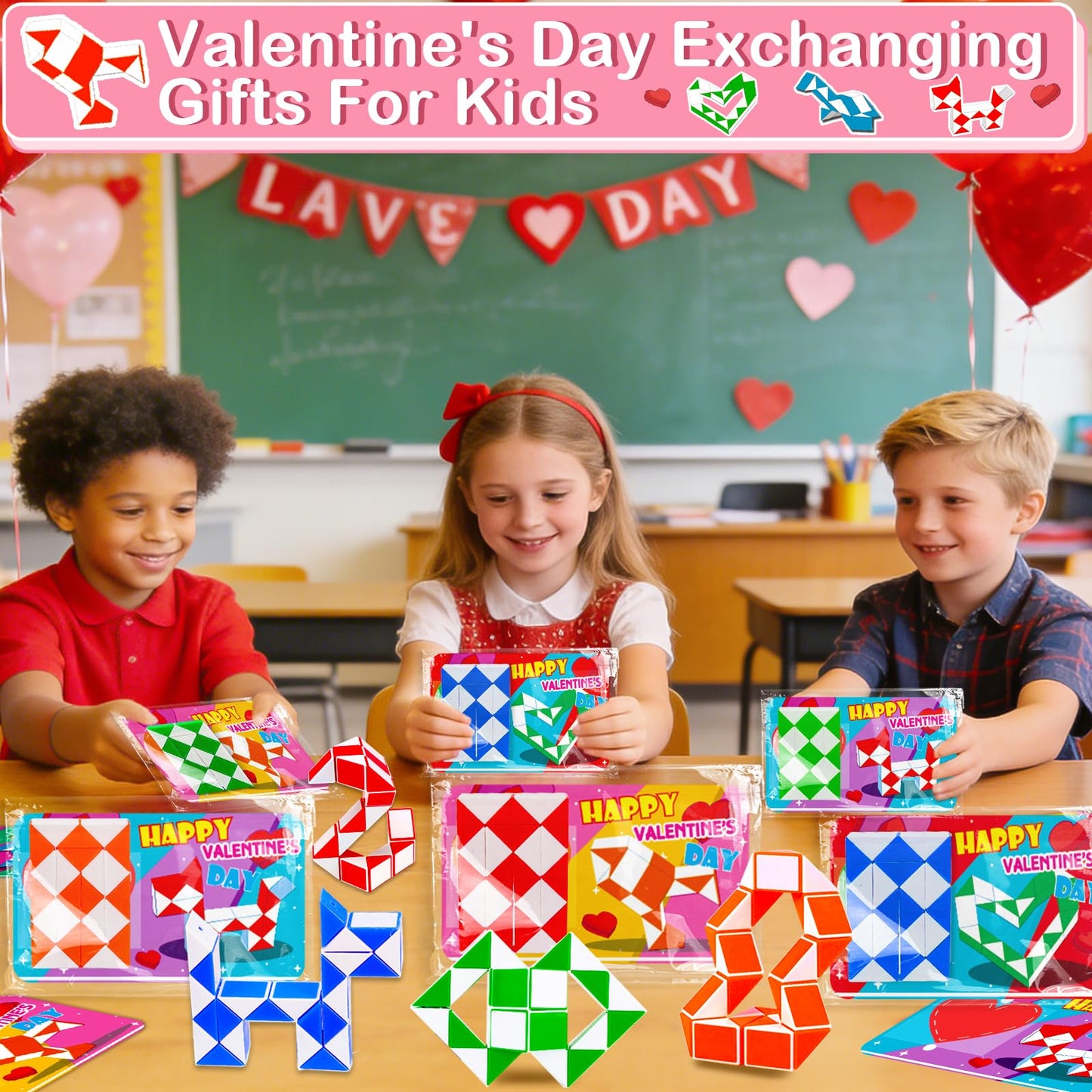 AMENON 28 Pack Valentines Day Gifts for Kids – Snake Cube Twist Puzzles, Cards & Gift Bags for Classrooms