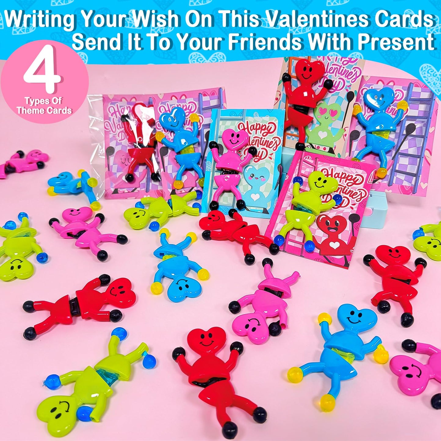 AMENON 24-Pack Valentines Heart Sticky Toys with Cards | Classroom Party Favors