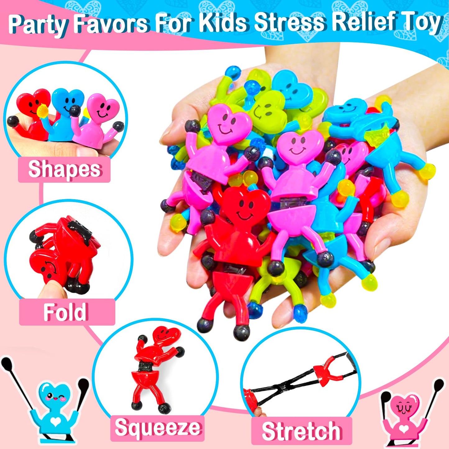 AMENON 24-Pack Valentines Heart Sticky Toys with Cards | Classroom Party Favors