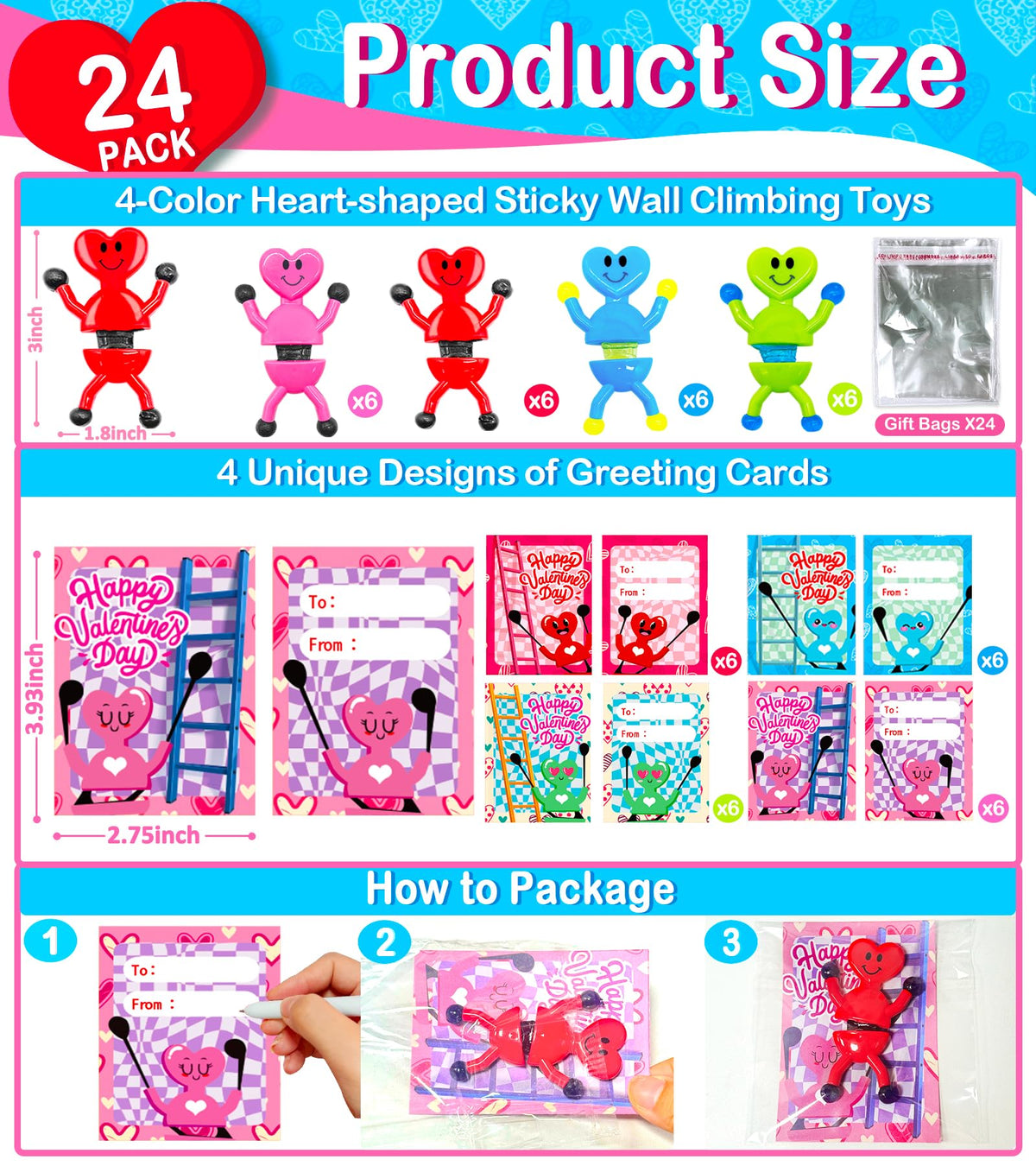 AMENON 24-Pack Valentines Heart Sticky Toys with Cards | Classroom Party Favors