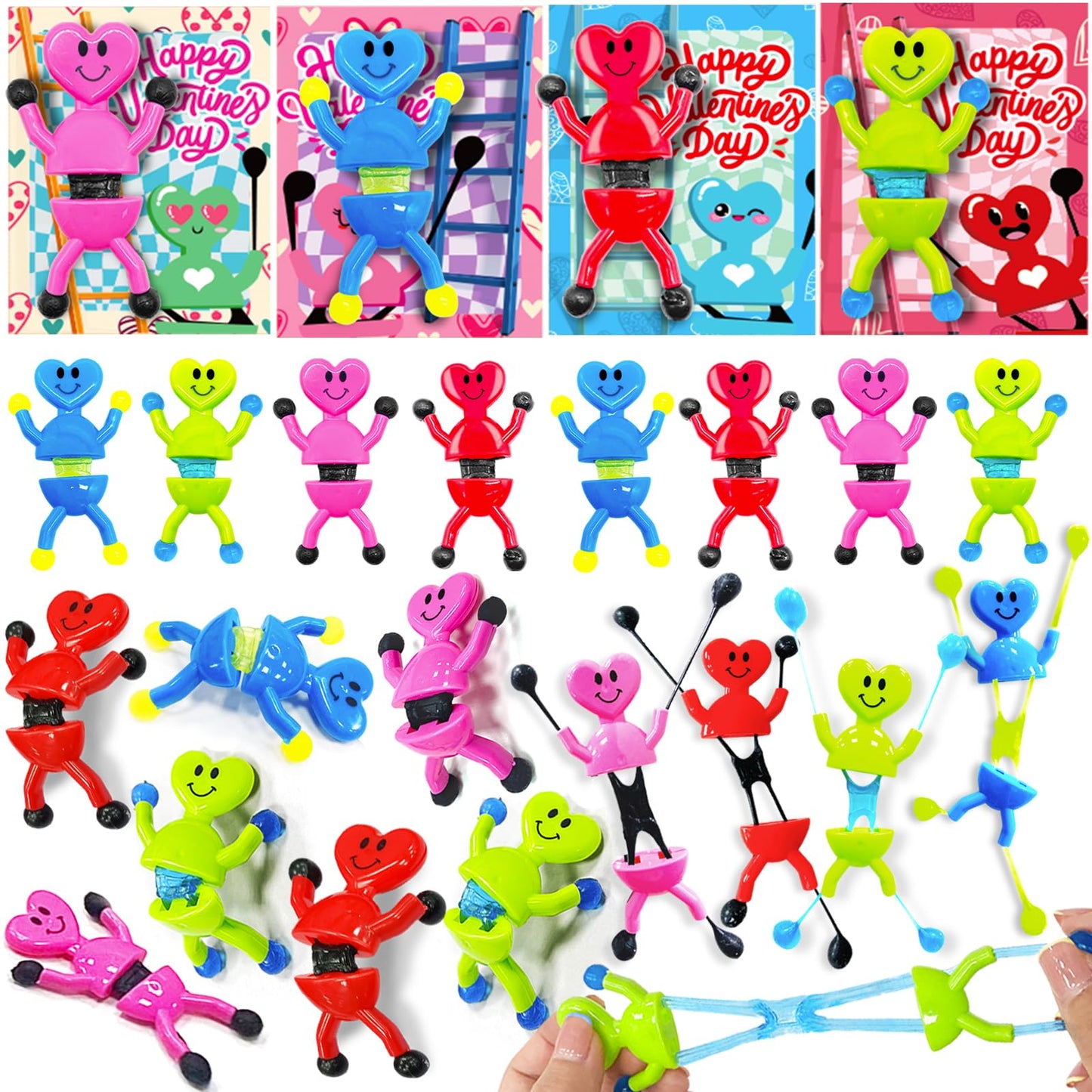 AMENON 24-Pack Valentines Heart Sticky Toys with Cards | Classroom Party Favors