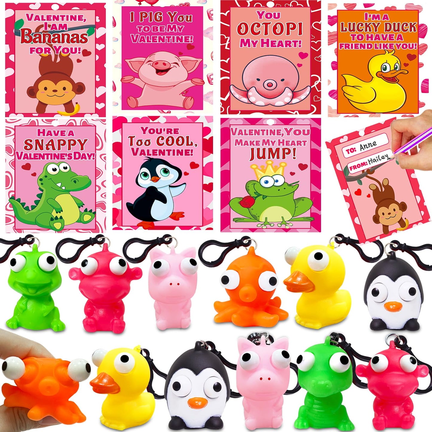 AMENON Valentines Day Kids Gift Set: 24 Cards with Squeeze Animals & Popping-Eye Keychains