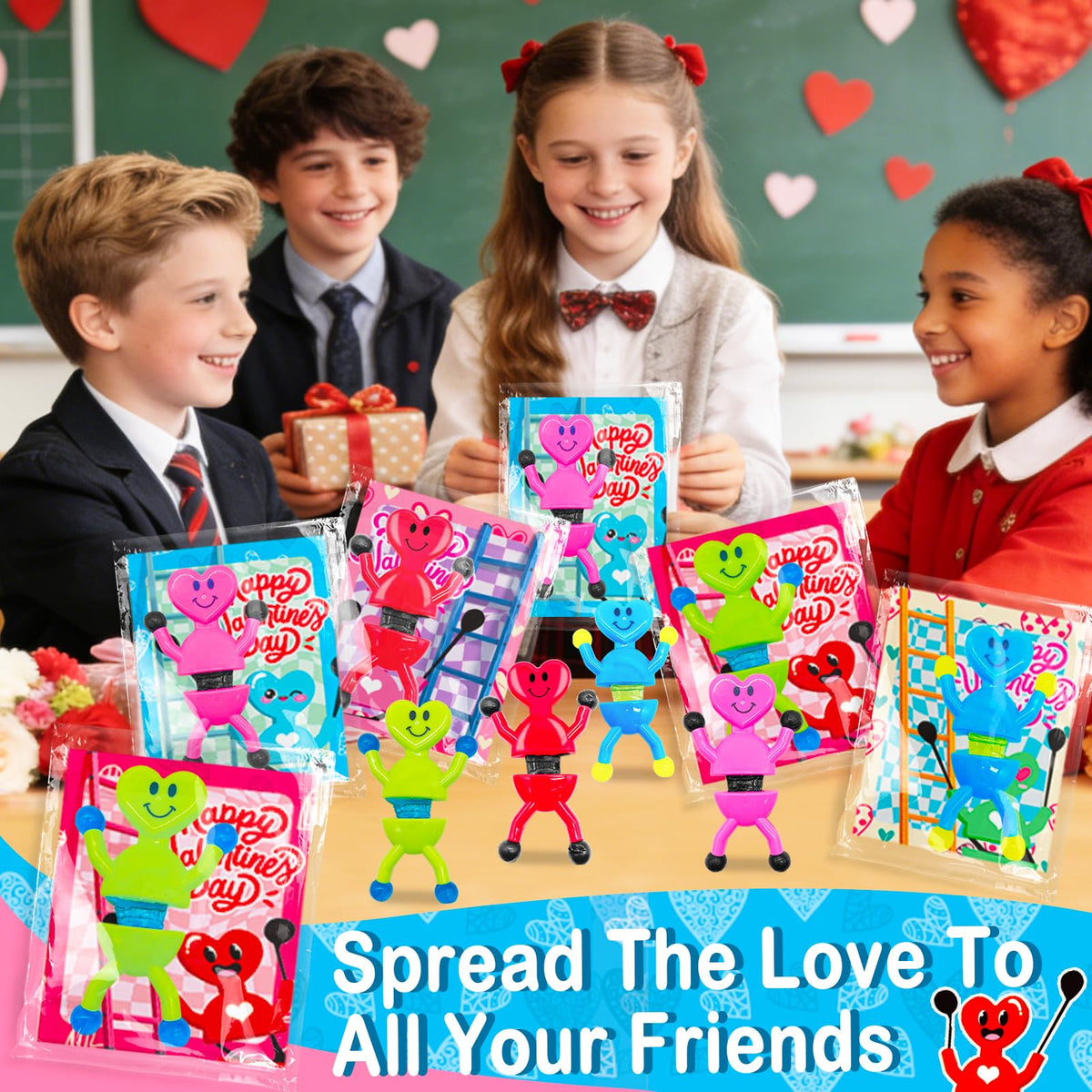 AMENON 24-Pack Valentines Heart Sticky Toys with Cards | Classroom Party Favors