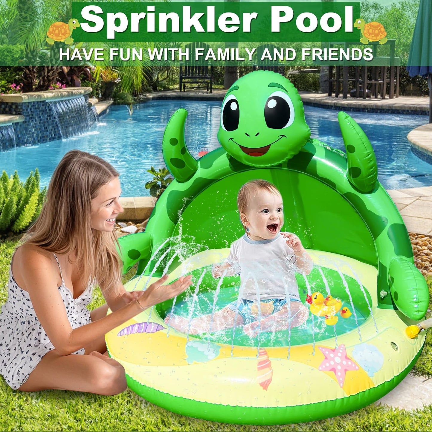 AMENON Turtle Baby Pool Sprinkler with Canopy – 41x35in Water Play Mat