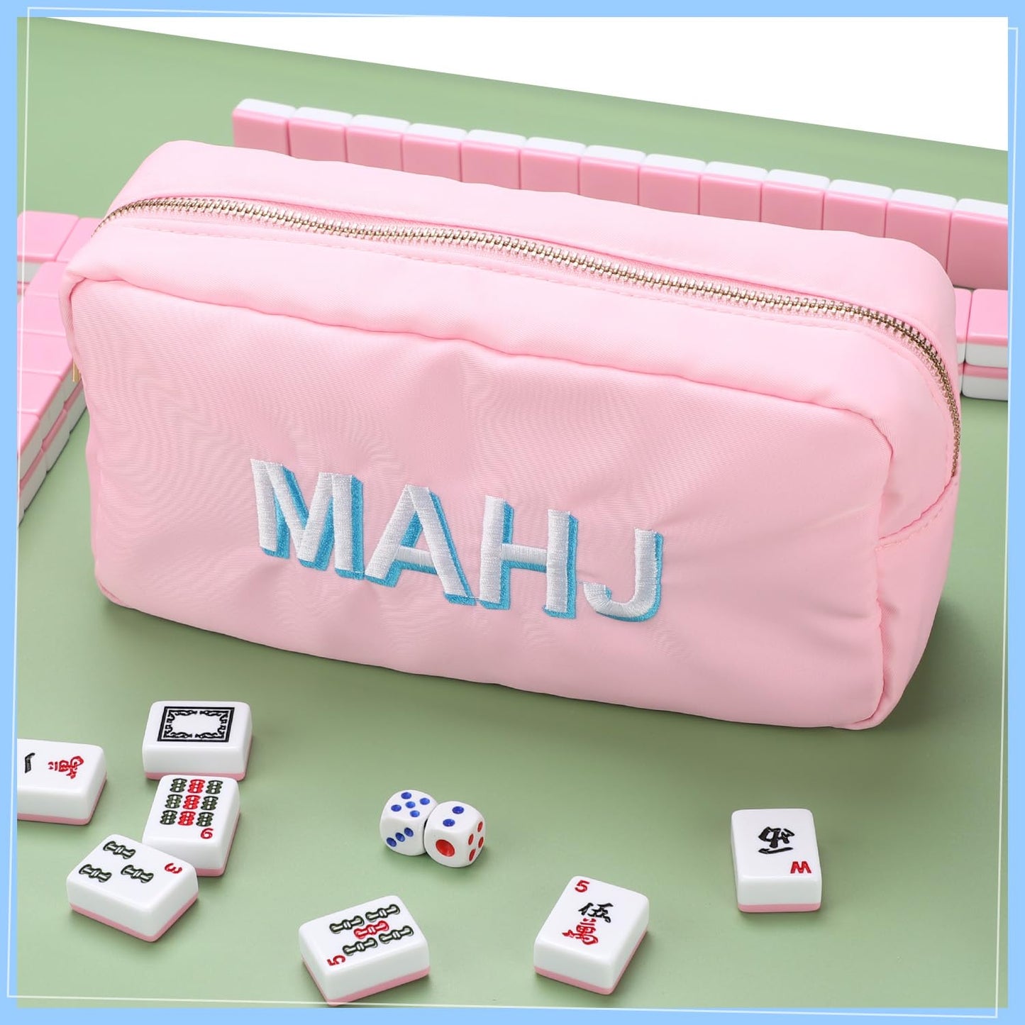 American Mahjong Tiles Bag – 166-Tile Capacity, Embroidered MAHJ, Soft Pink Travel Case (Bag Only)