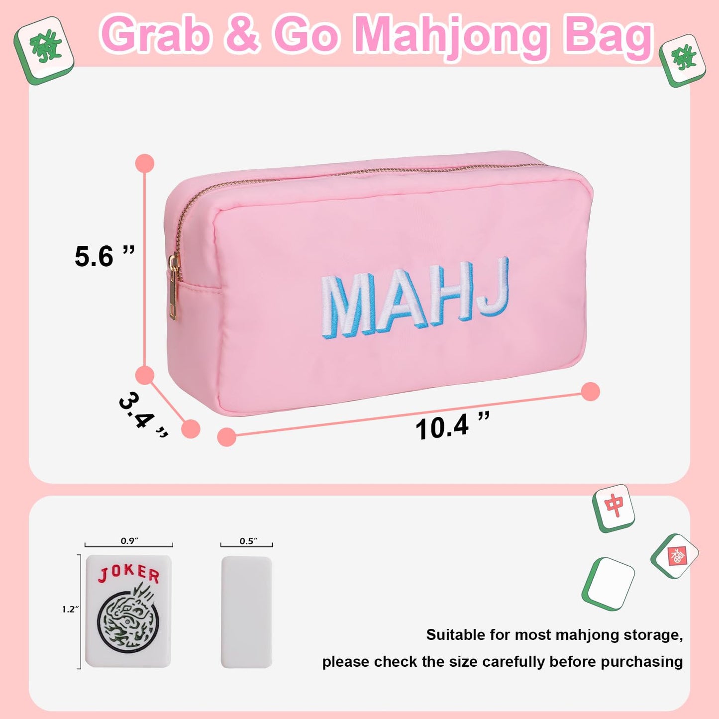 American Mahjong Tiles Bag – 166-Tile Capacity, Embroidered MAHJ, Soft Pink Travel Case (Bag Only)