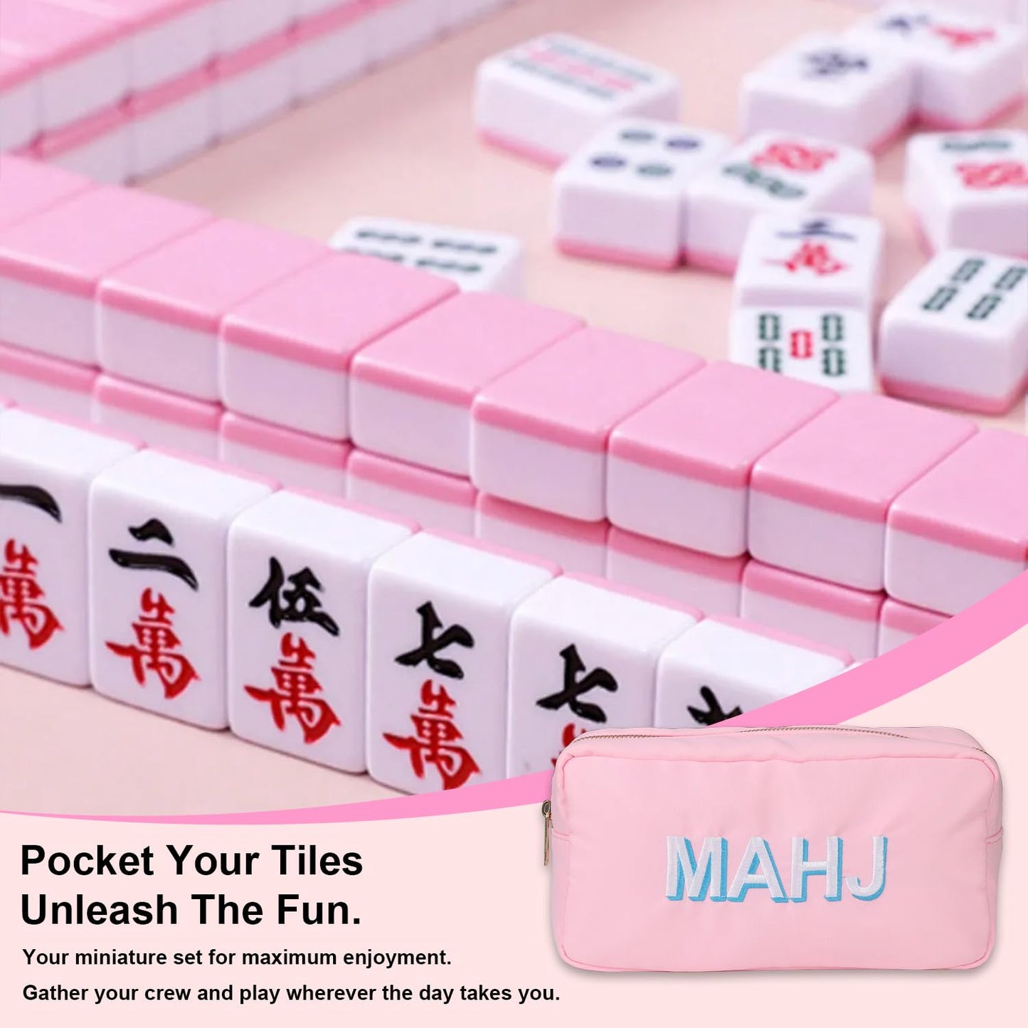 American Mahjong Tiles Bag – 166-Tile Capacity, Embroidered MAHJ, Soft Pink Travel Case (Bag Only)