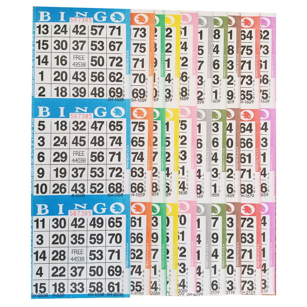 American Games Bingo Paper Cards – 3 Card Books, 100 Books, 10 Colors, Made in USA