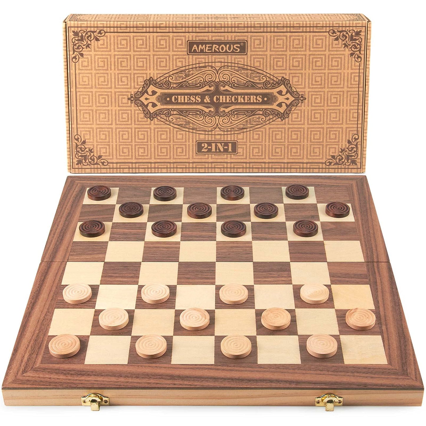 AMEROUS 15-Inch Wooden Chess & Checkers Set – 2-in-1 Board with Storage & 2 Extra Queens