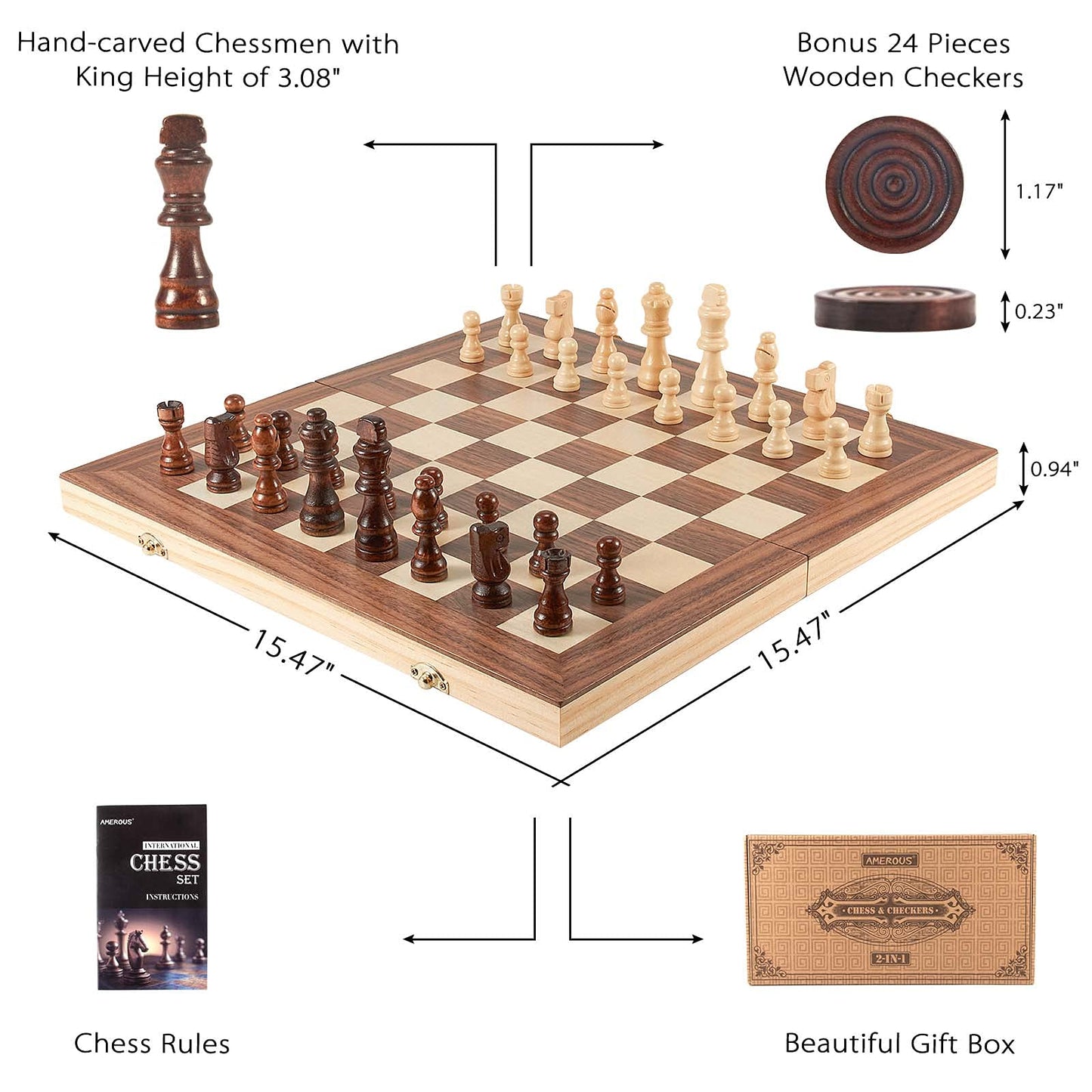 AMEROUS 15-Inch Wooden Chess & Checkers Set – 2-in-1 Board with Storage & 2 Extra Queens