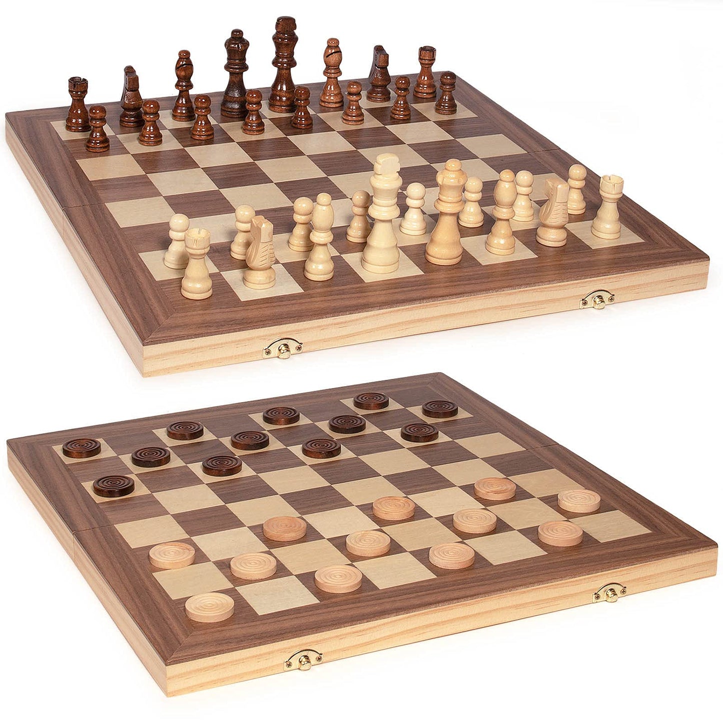 AMEROUS 15-Inch Wooden Chess & Checkers Set – 2-in-1 Board with Storage & 2 Extra Queens
