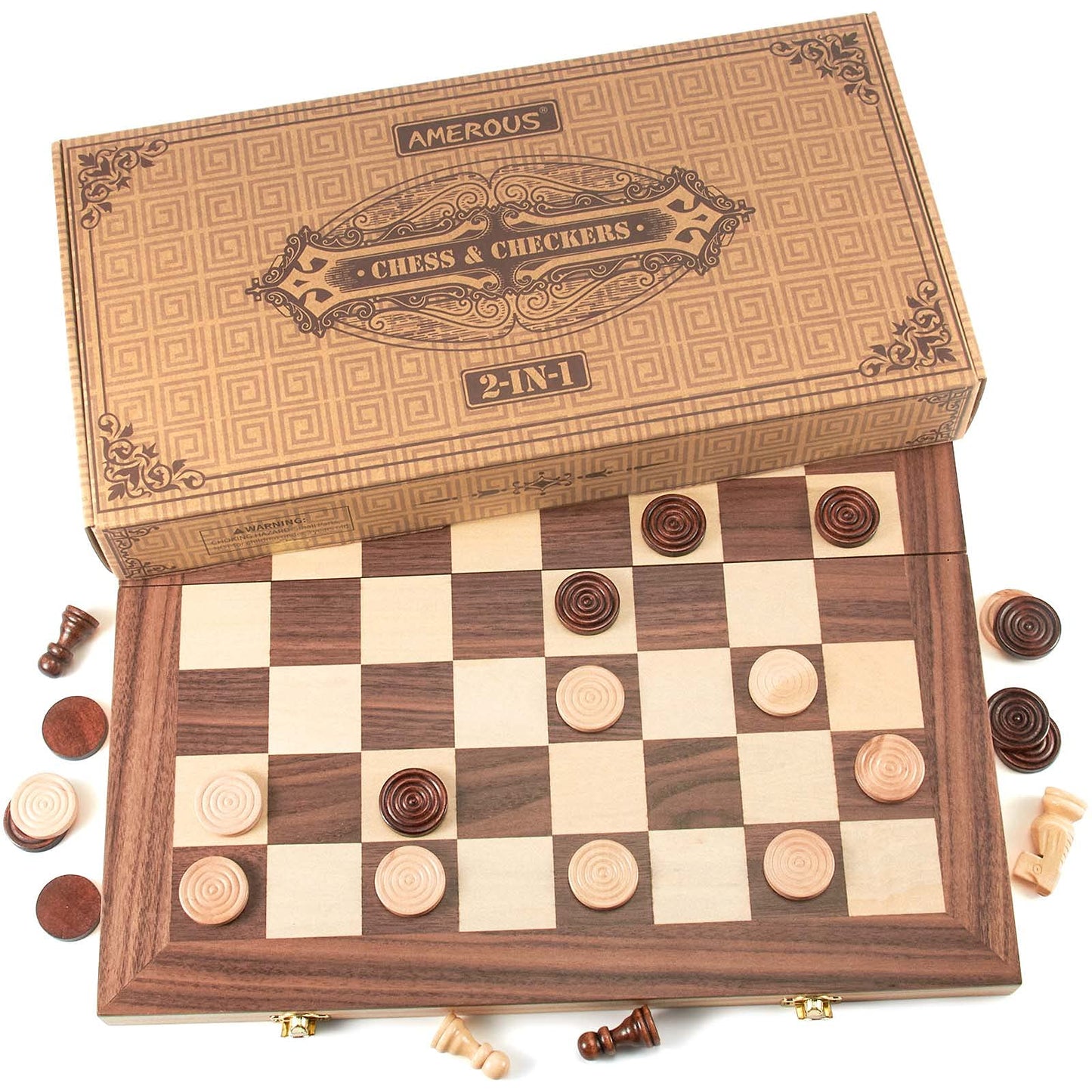 AMEROUS 15-Inch Wooden Chess & Checkers Set – 2-in-1 Board with Storage & 2 Extra Queens