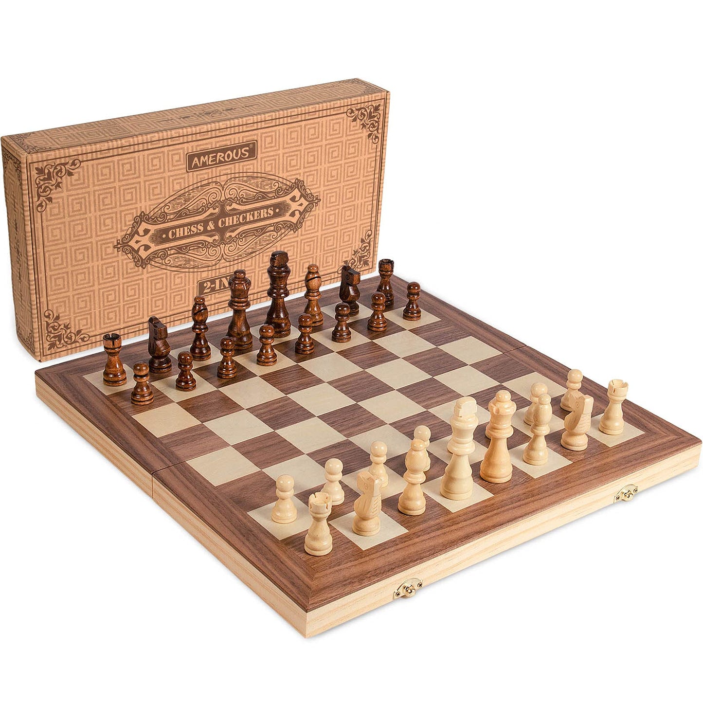 AMEROUS 15-Inch Wooden Chess & Checkers Set – 2-in-1 Board with Storage & 2 Extra Queens