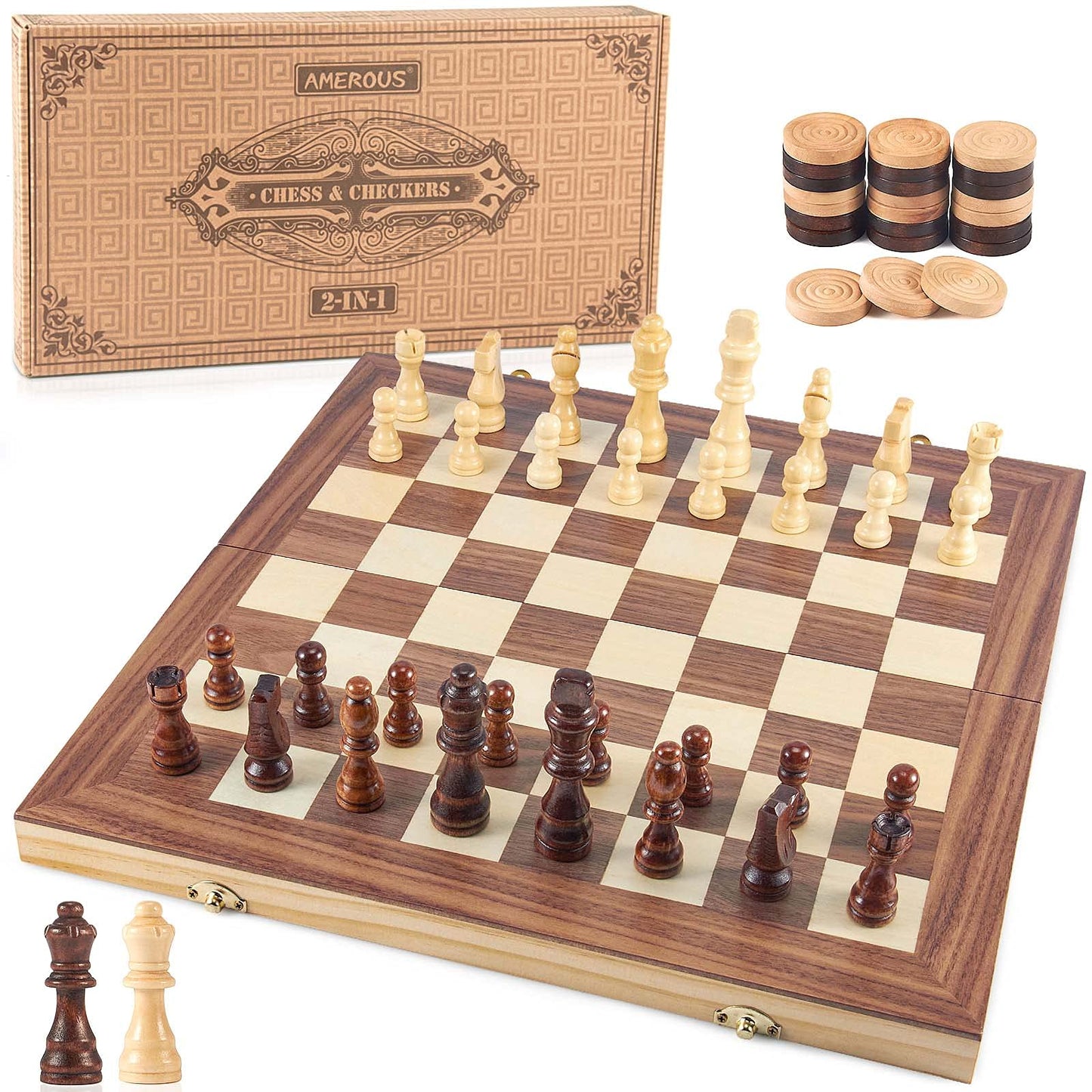 AMEROUS 15-Inch Wooden Chess & Checkers Set – 2-in-1 Board with Storage & 2 Extra Queens