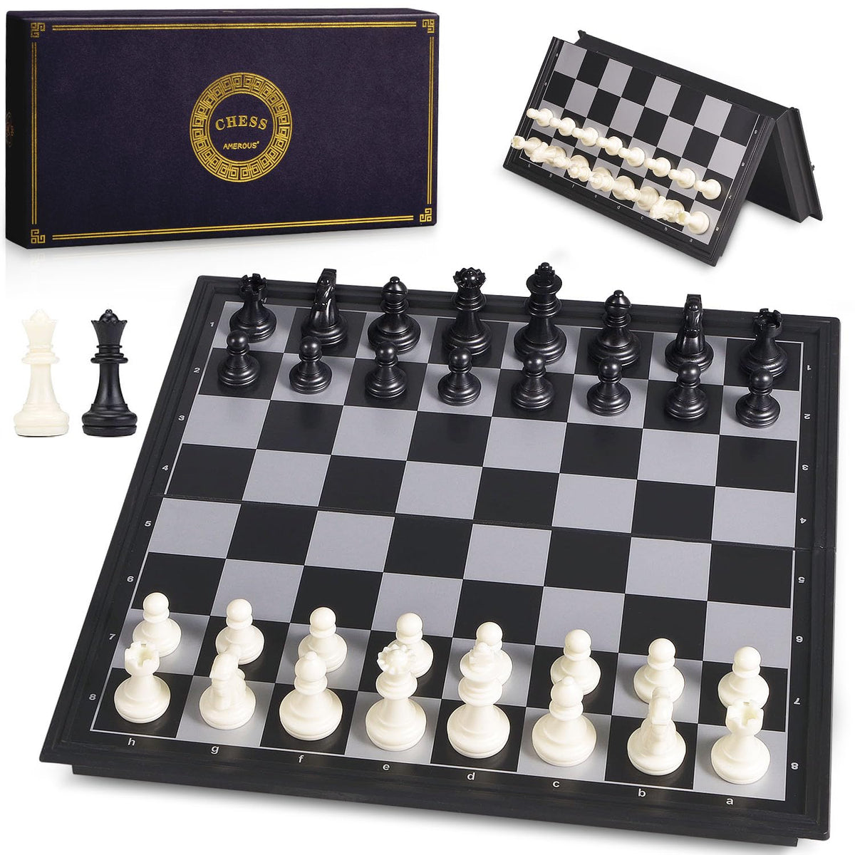 AMEROUS 10-Inch Magnetic Travel Chess Set with Folding Board – 2 Extra Queens