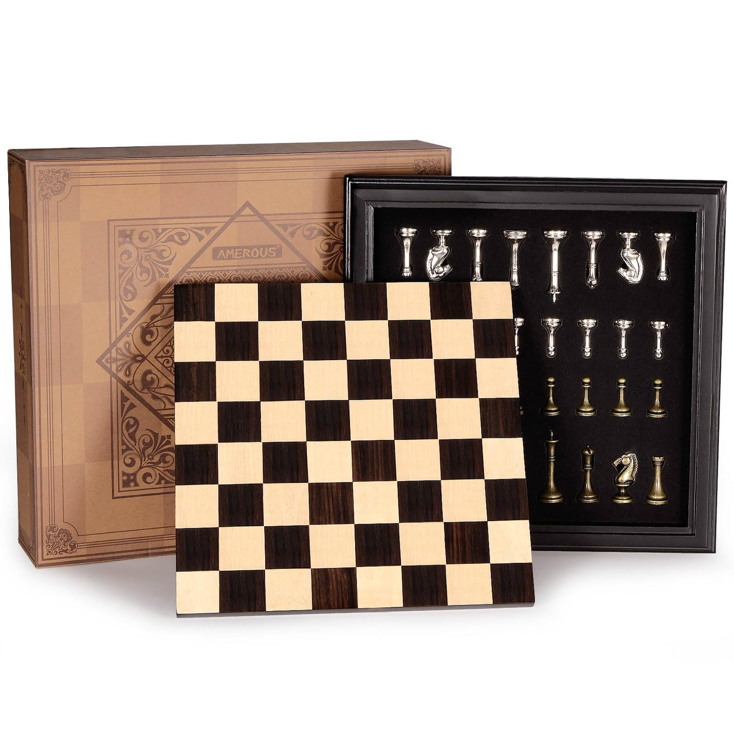 AMEROUS 12.5-Inch Wooden Chess Set with Metal Pieces – Portable & Elegant