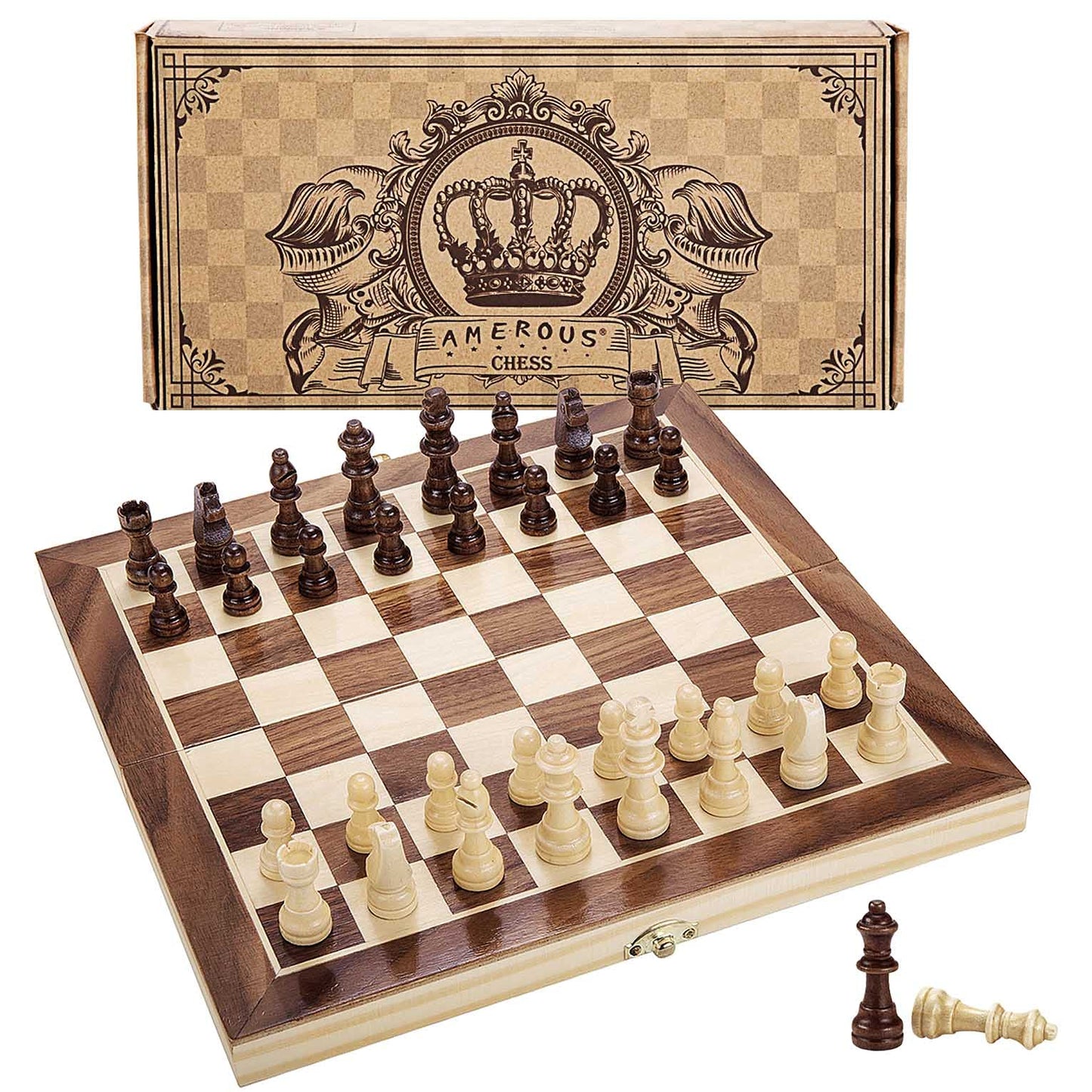 AMEROUS 12x12 Magnetic Wooden Chess Set — Folding Travel Board with Storage & 2 Bonus Queens