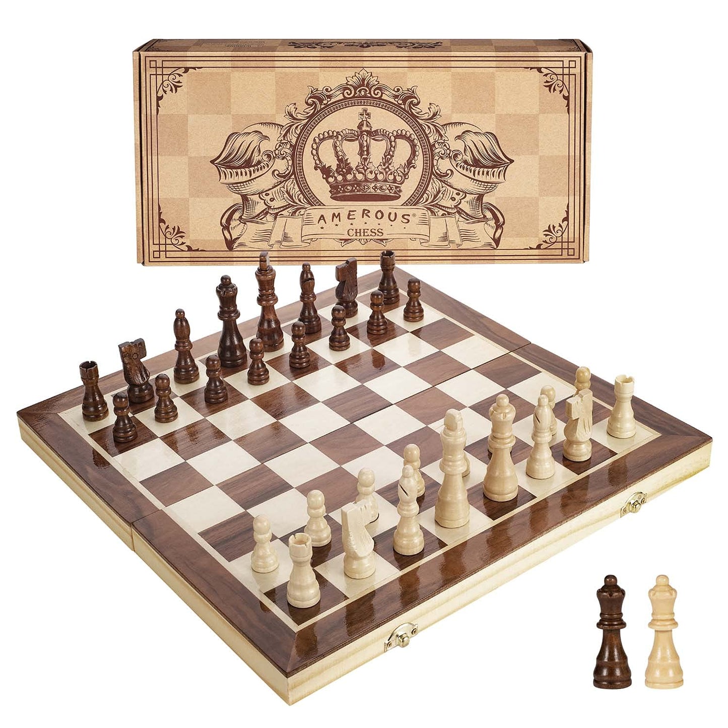 AMEROUS 15-Inch Magnetic Wooden Chess Set – Folding Travel Chess with 2 Extra Queens