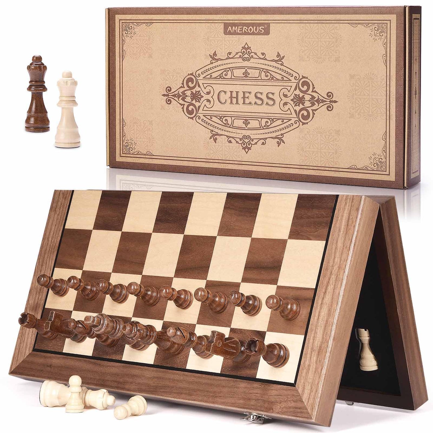 AMEROUS 15-Inch Magnetic Wooden Chess Set with 2 Extra Queens | Portable Folding Board