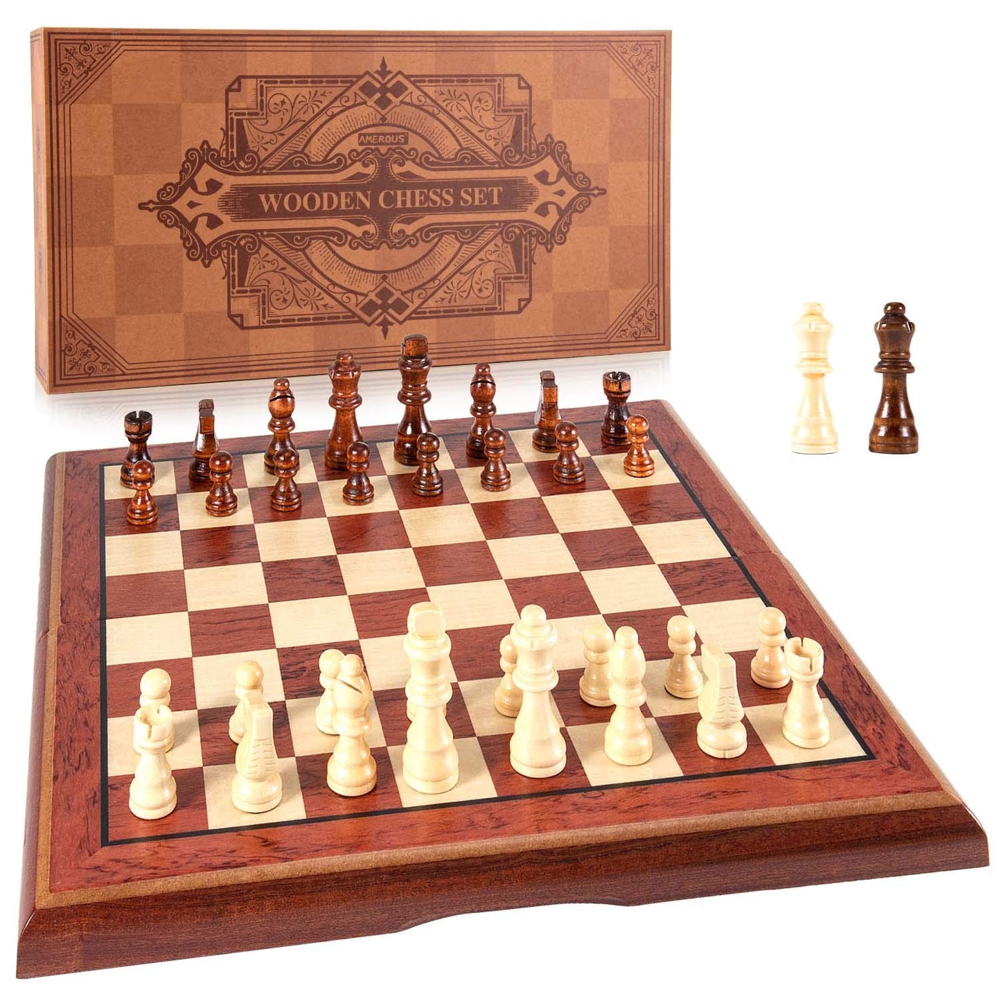 AMEROUS 15-inch Magnetic Wooden Chess Set - Folding Board, 2 Extra Queens, Travel Gift Box