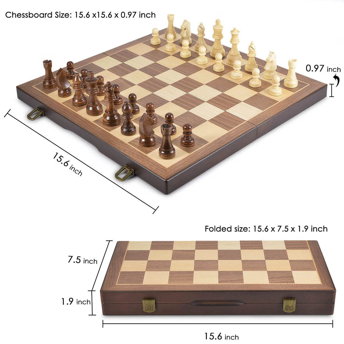 AMEROUS 15-Inch Magnetic Wooden Chess & Checkers Set – 2-in-1 Travel Chess Board