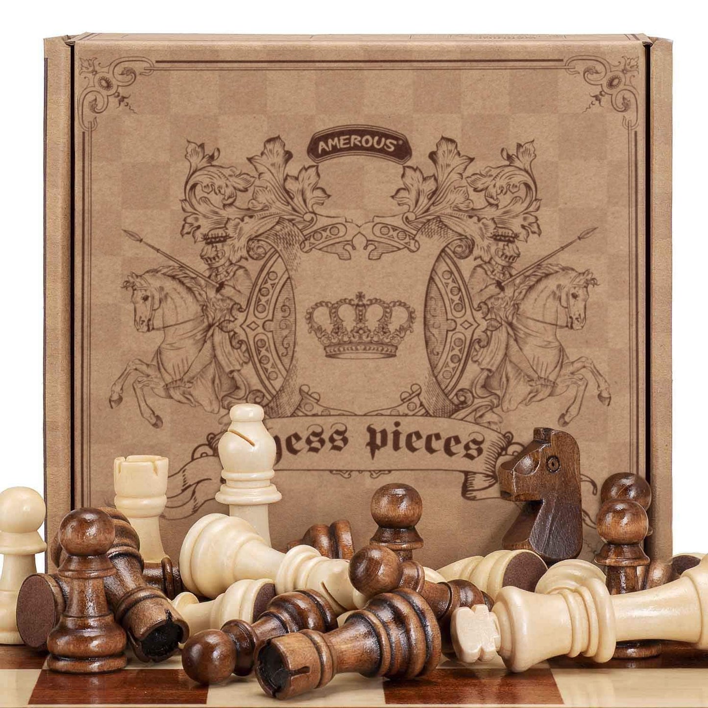 AMEROUS Staunton Wooden Chess Pieces Set – 3.15-Inch King, Storage Bag, Gift Box