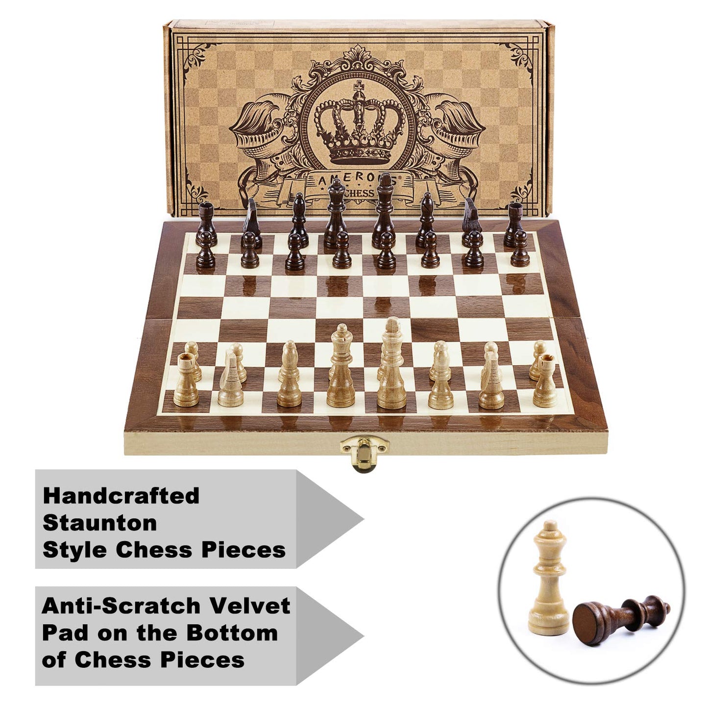 AMEROUS 12x12 Magnetic Wooden Chess Set — Folding Travel Board with Storage & 2 Bonus Queens