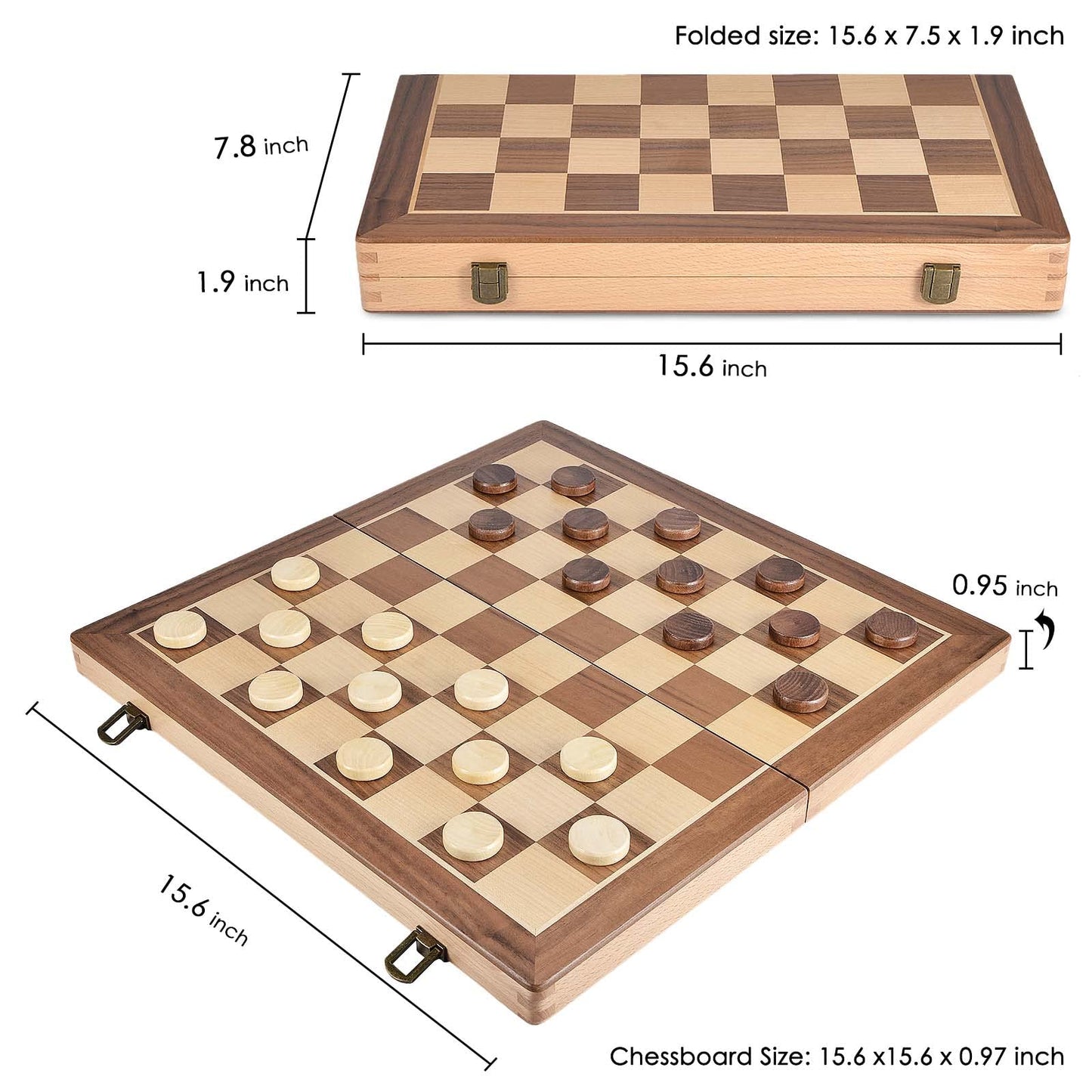 AMEROUS 15-Inch Wooden Chess & Checkers Set | 2-in-1 with Weighted Pieces & Extra Queens