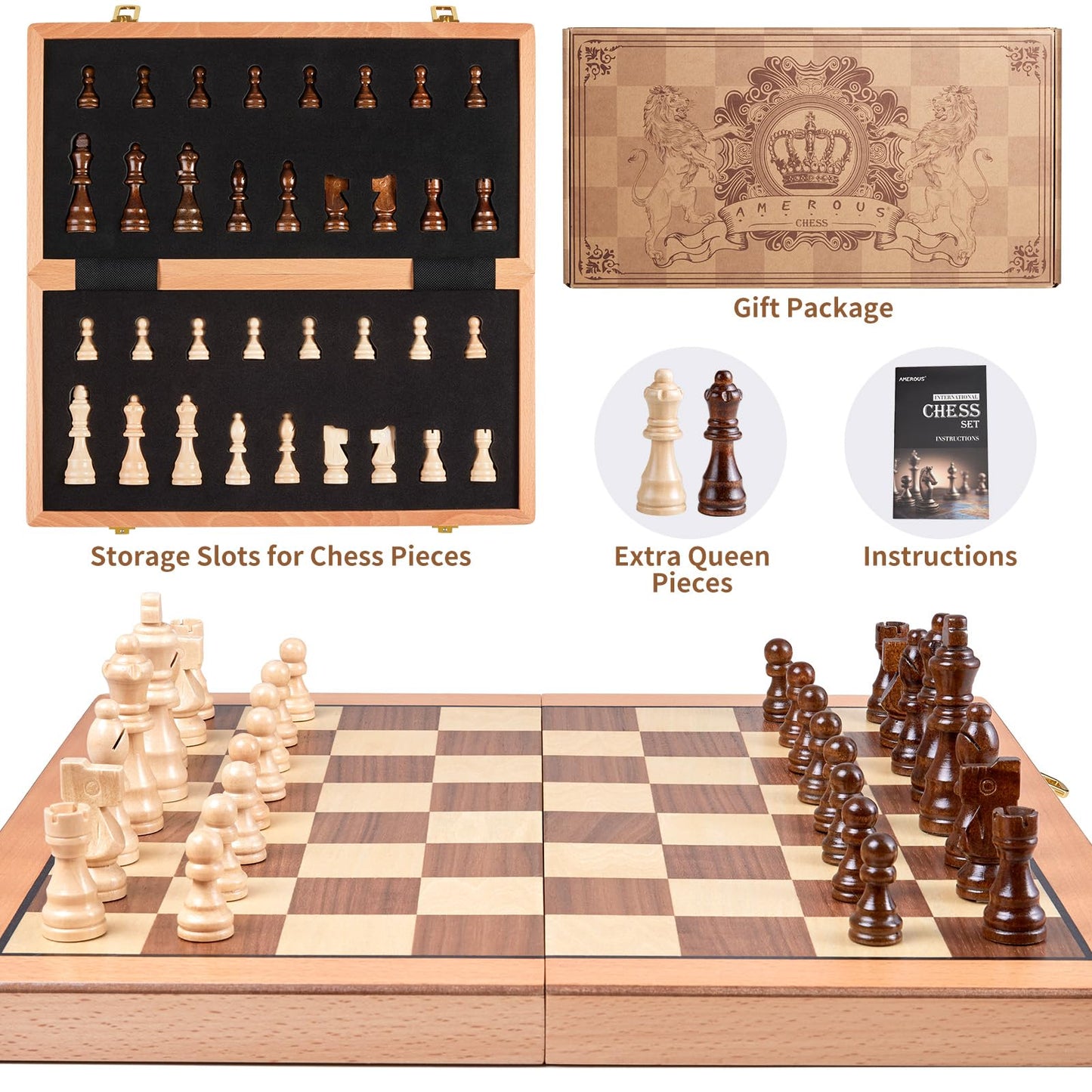 AMEROUS Magnetic Wooden Chess Set – 15-Inch Folding Travel Board with Storage & 2 Extra Queens