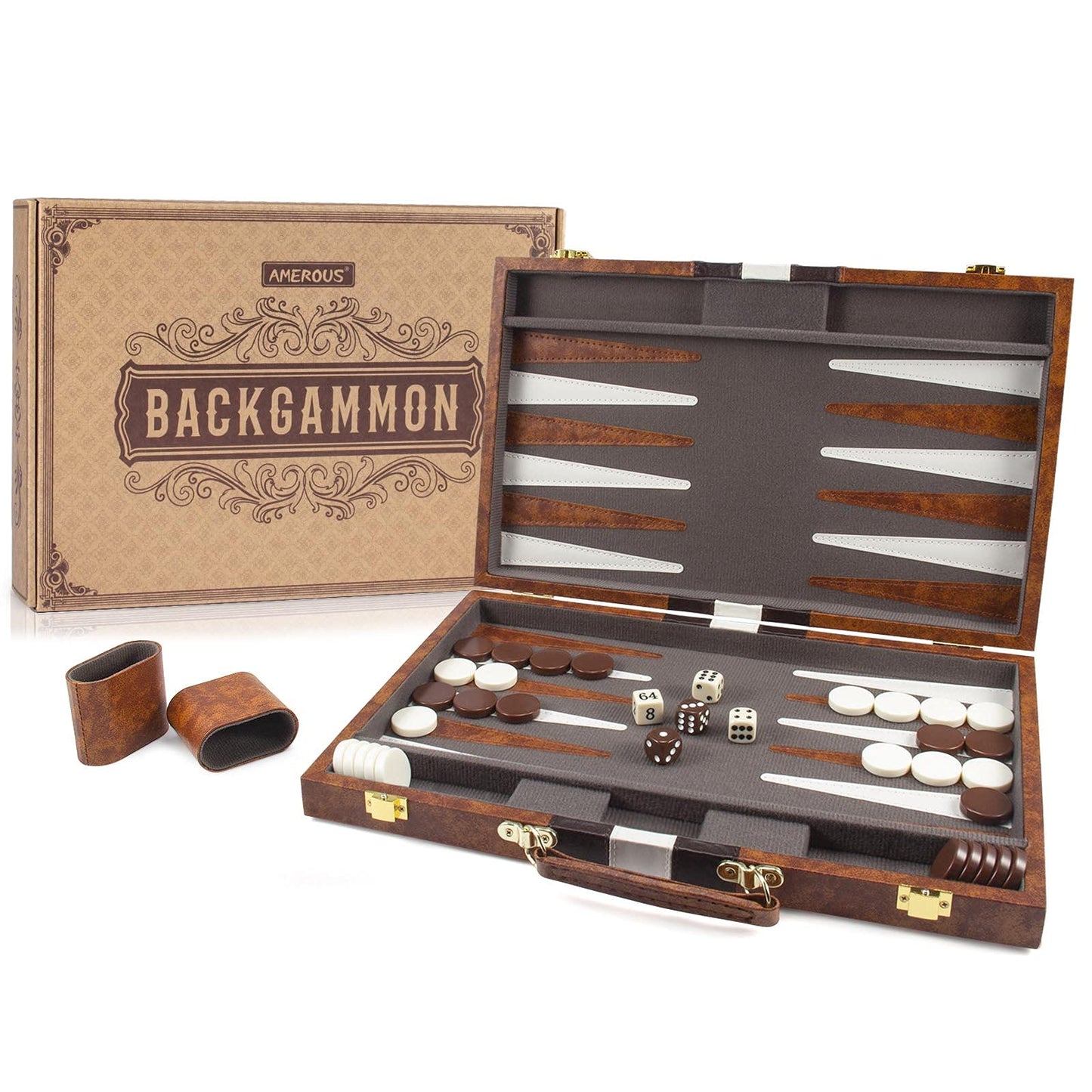 AMEROUS Backgammon Set 15-Inch Leather Case | Folding Travel Board for Adults & Kids