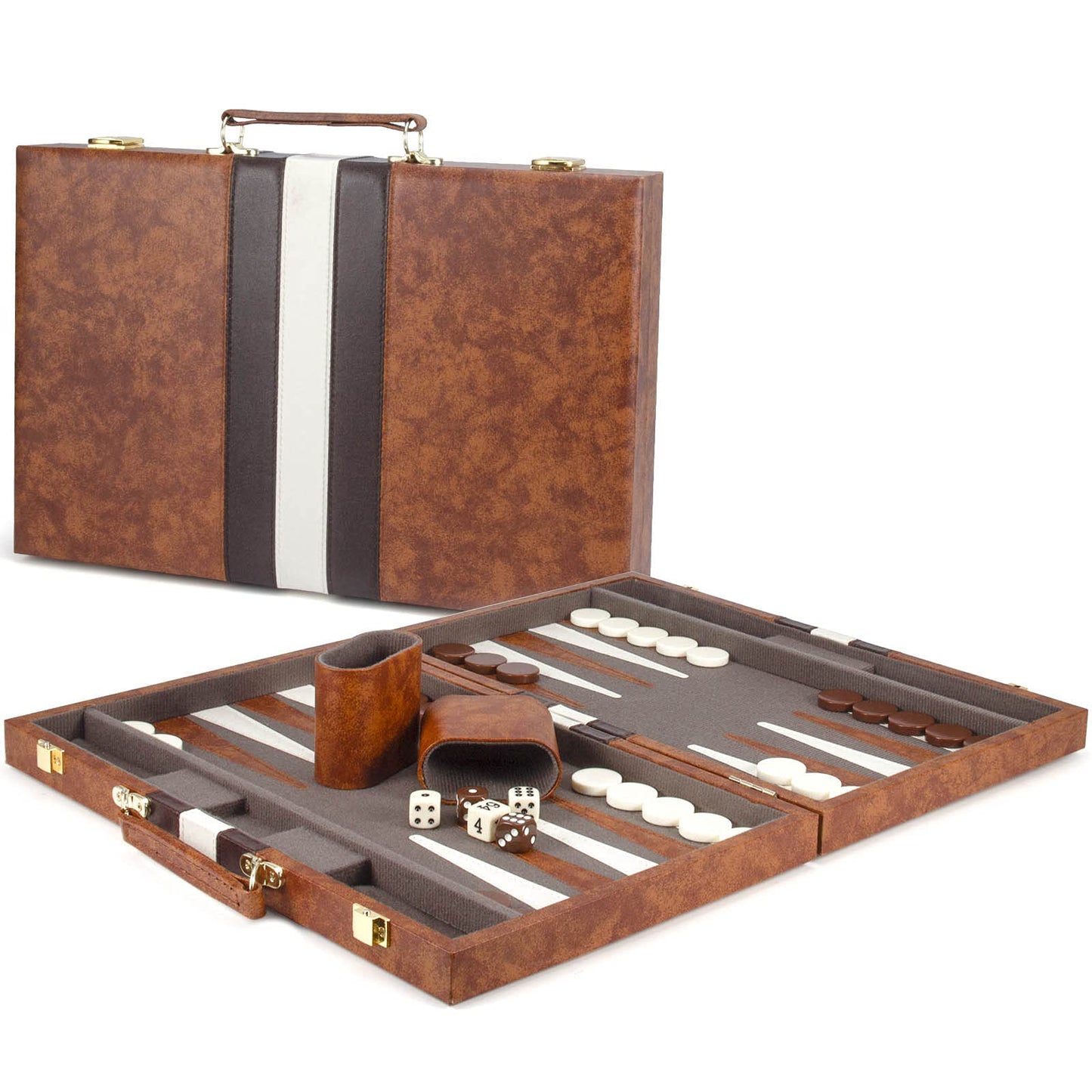 AMEROUS Backgammon Set 15-Inch Leather Case | Folding Travel Board for Adults & Kids