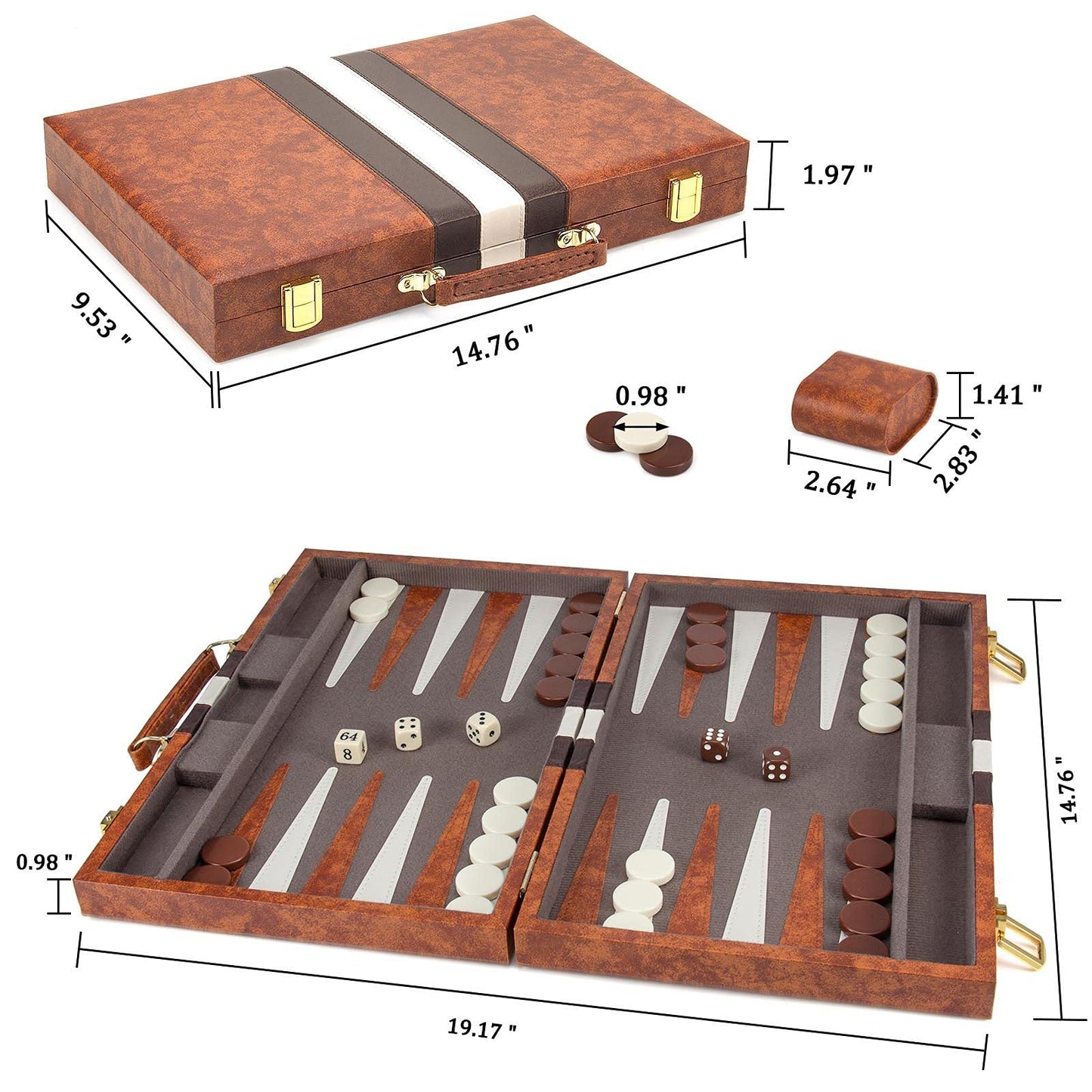 AMEROUS Backgammon Set 15-Inch Leather Case | Folding Travel Board for Adults & Kids