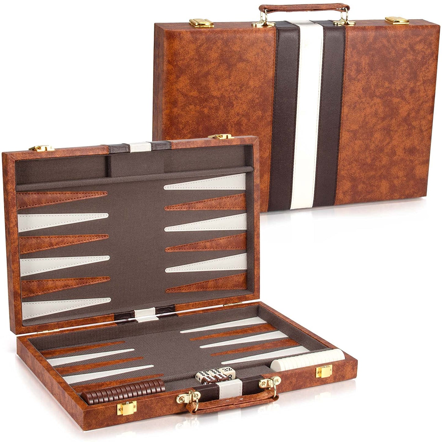AMEROUS Backgammon Set 15-Inch Leather Case | Folding Travel Board for Adults & Kids