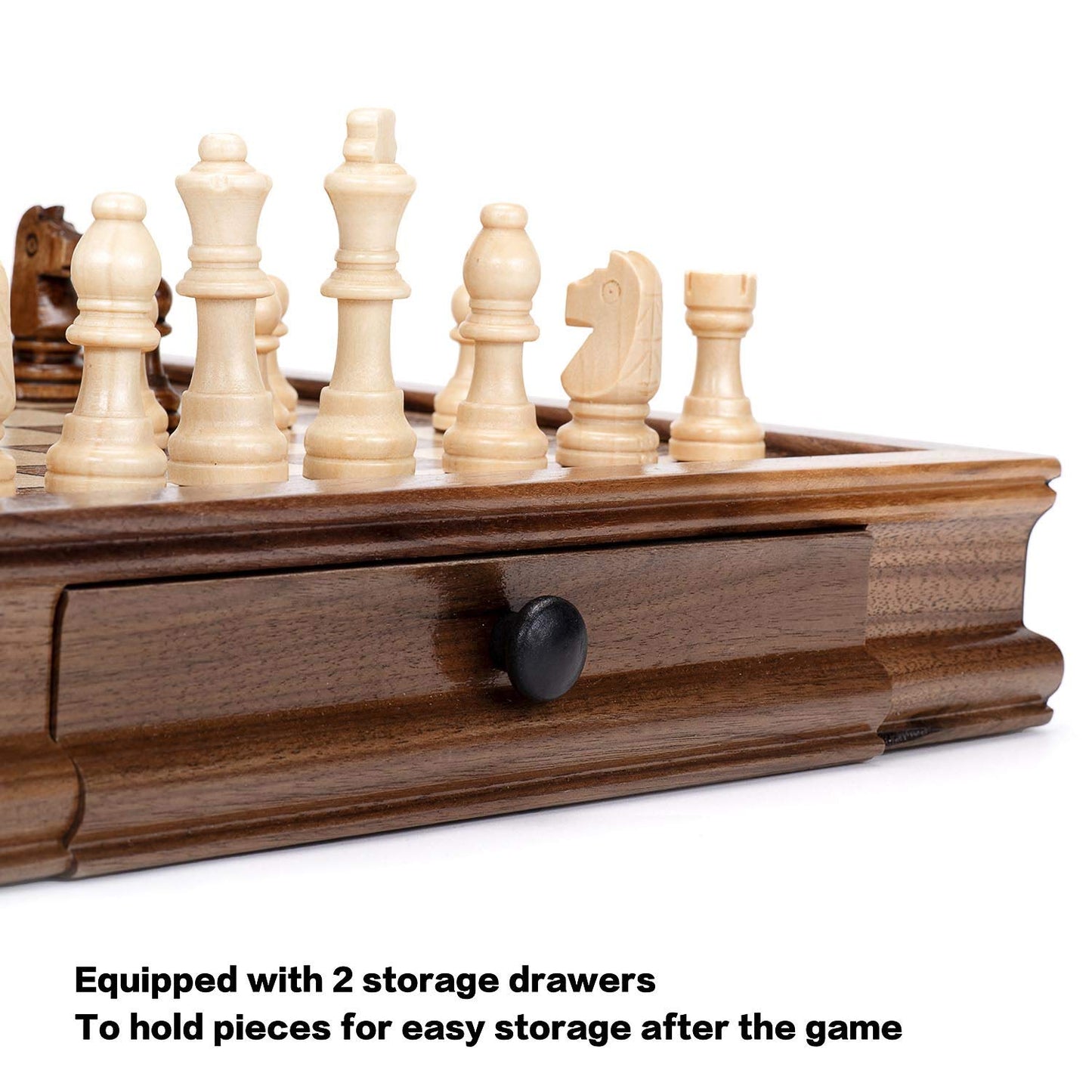 AMEROUS Magnetic Wooden Chess Set – 12.8-Inch Walnut Board, 2 Drawers, Bonus Queens, Gift Packaging