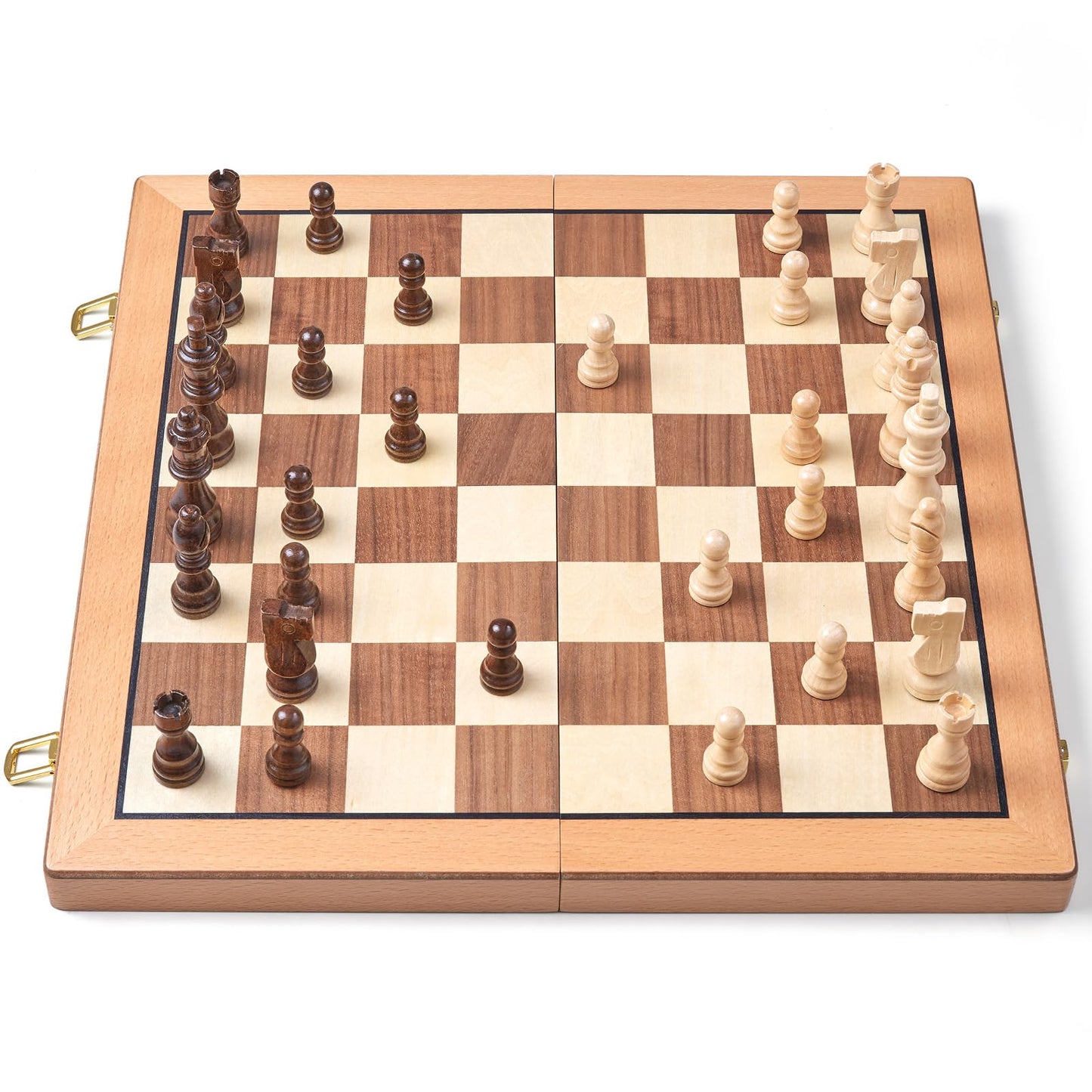AMEROUS Magnetic Wooden Chess Set – 15-Inch Folding Travel Board with Storage & 2 Extra Queens
