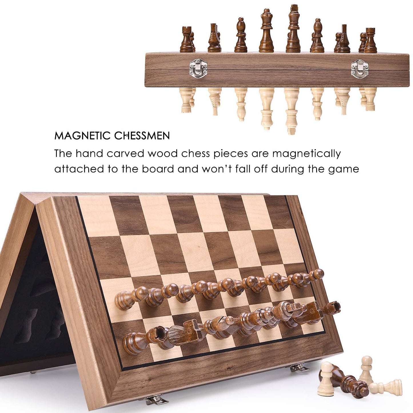 AMEROUS 15-Inch Magnetic Wooden Chess Set with 2 Extra Queens | Portable Folding Board