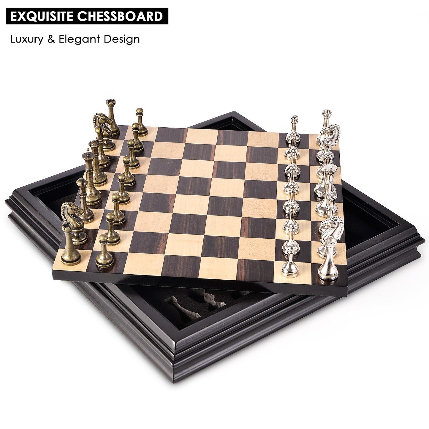 AMEROUS 12.5-Inch Wooden Chess Set with Metal Pieces – Portable & Elegant